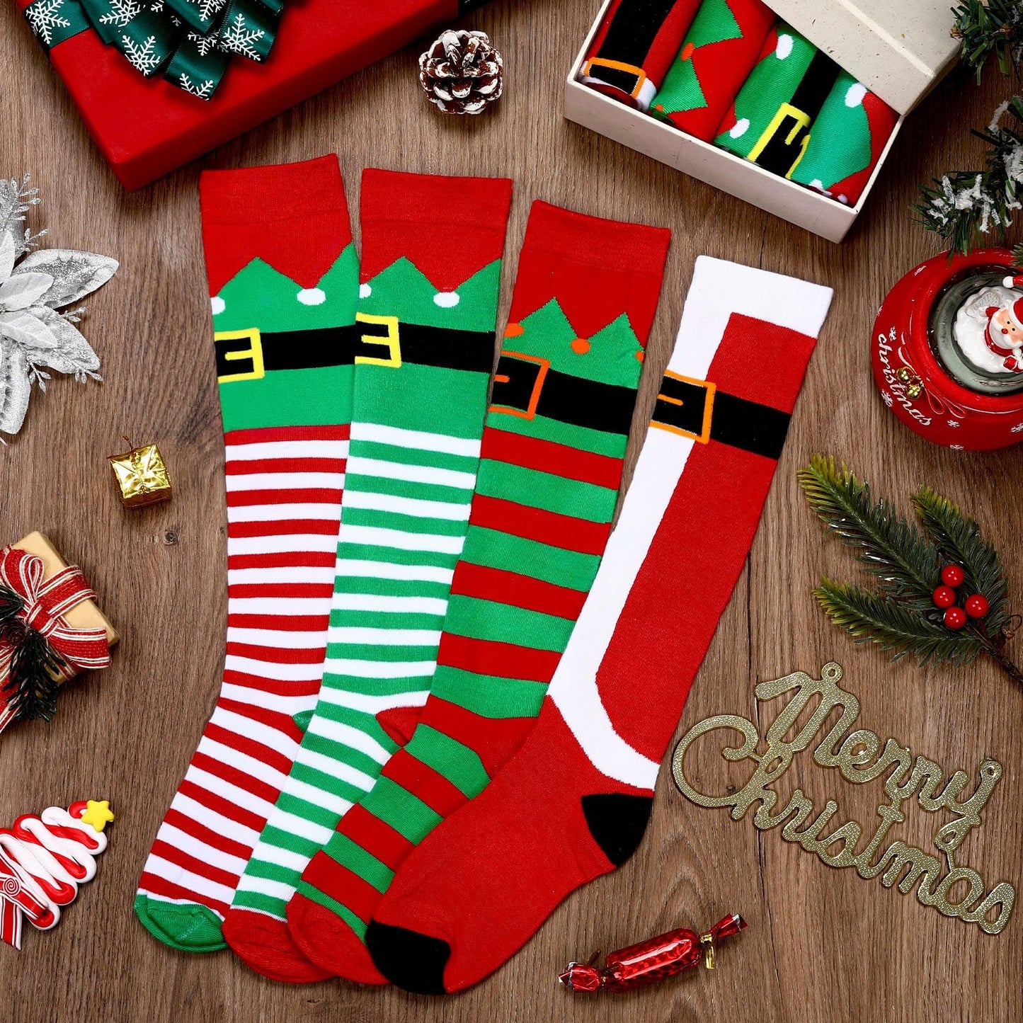 BOARDFEB 4 Pairs Christmas Knee High Socks Santa Elf Knee Socks Funny Holiday Knee High Sock Long Novelty Xmas Stocking For Women and Men Christmas Gifts - Medaid International