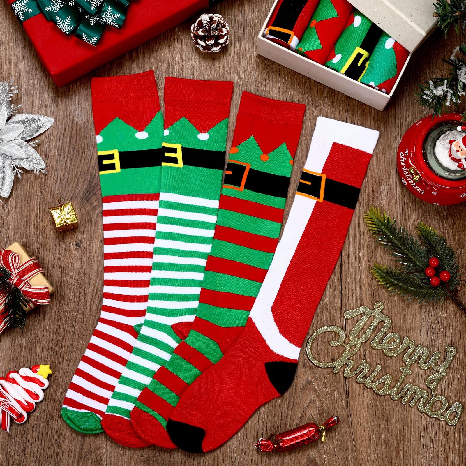 BOARDFEB 4 Pairs Christmas Knee High Socks Santa Elf Knee Socks Funny Holiday Knee High Sock Long Novelty Xmas Stocking For Women and Men Christmas Gifts - Medaid International