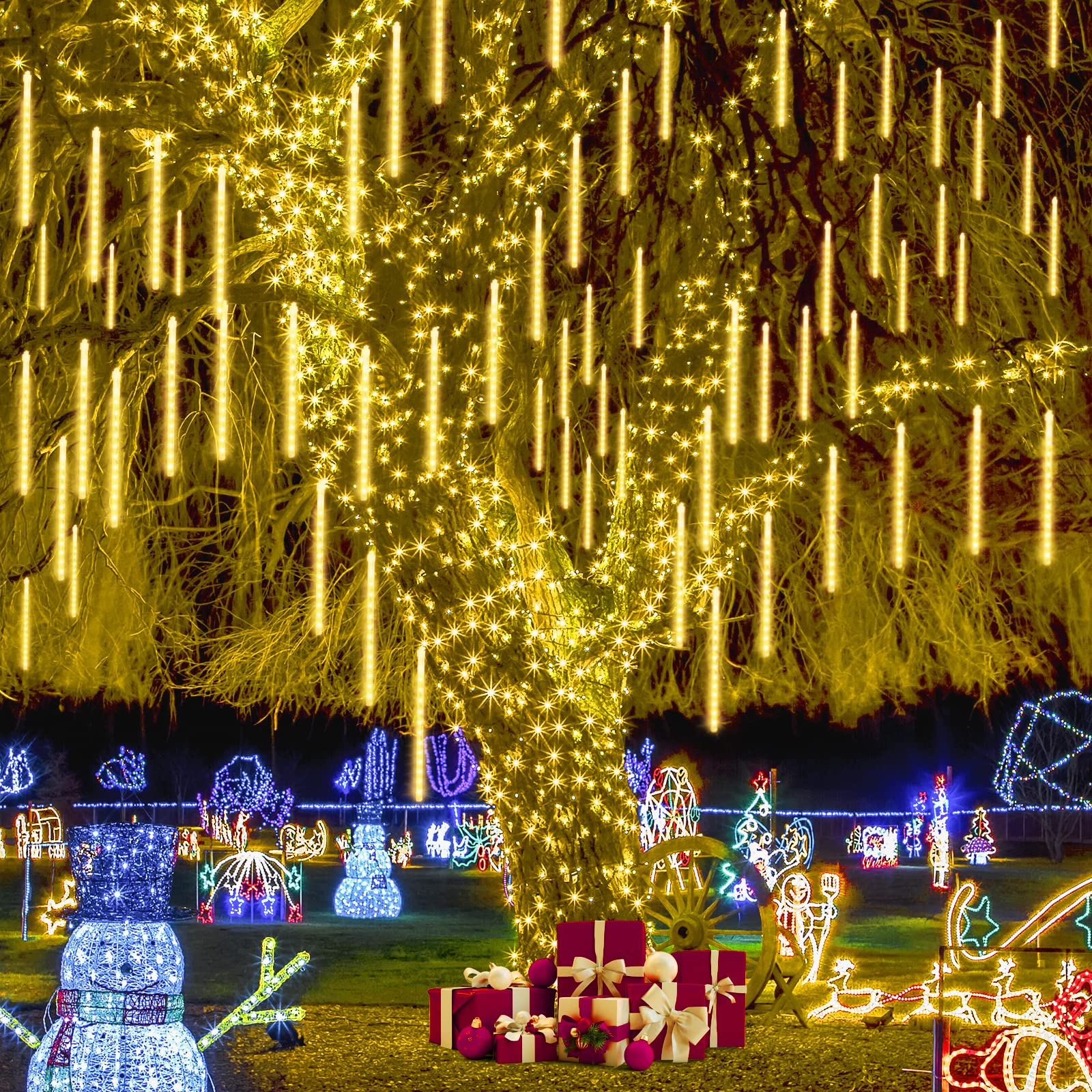 JMEXSUSS Solar Meteor Shower Lights Outdoor, 8 Tube 144 LEDs Warm White Solar Christmas Lights for Tree Eave Xmas Holiday Party Patio House Wedding Decor - Medaid International