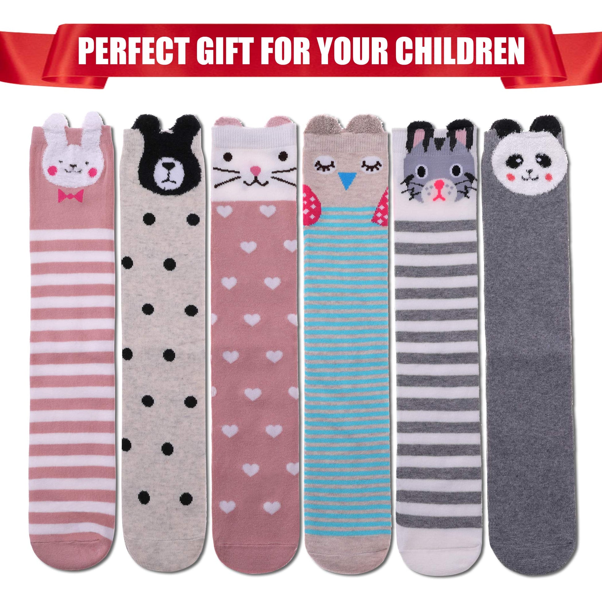 FNOVCO Girls Knee High Socks Kids Crazy Fun Gift Cute Animal Patterns Cotton Long Socks 6 Pairs (6 Pairs Animal) - Medaid International