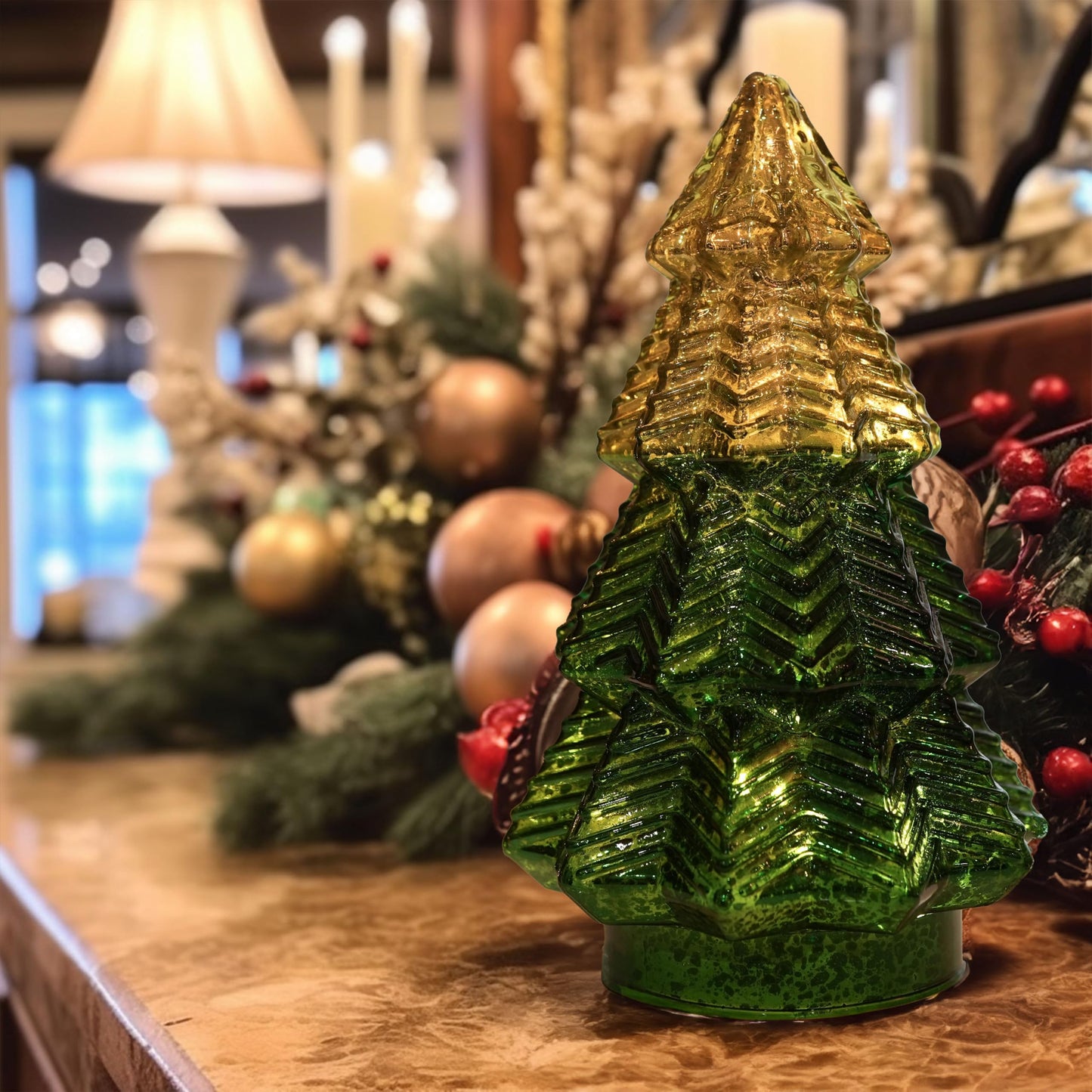 Green Mercury Glass Christmas Tree for Home Decor, Christmas Table Decorations Lighted Xmas Tree with Timer for Living Room Mantel Tabletop Party-8" H - Medaid International