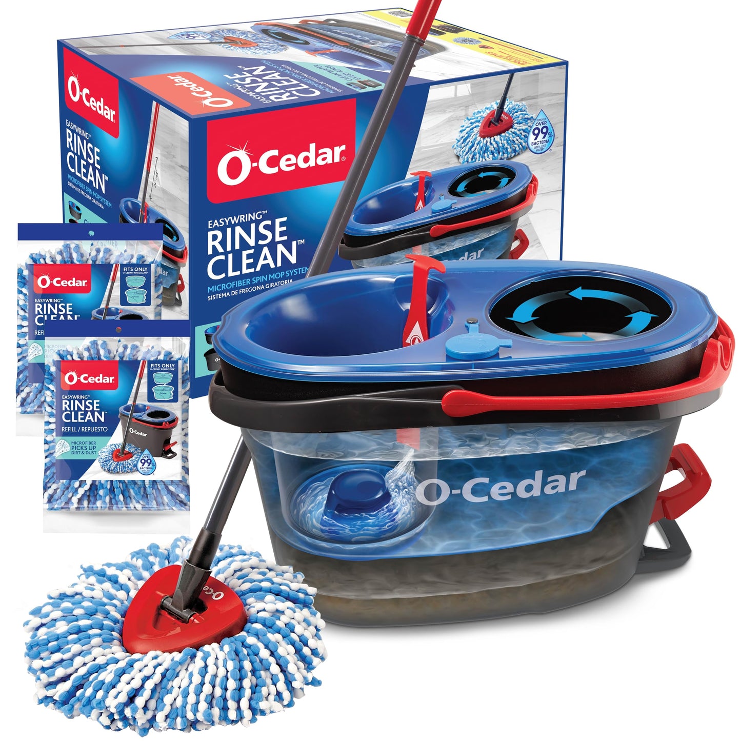 O-Cedar RinseClean Spin Mop & Bucket System + 2 Extra Mop Heads| Clean with Clean Water | Removes 99% of Bacteria - Medaid International