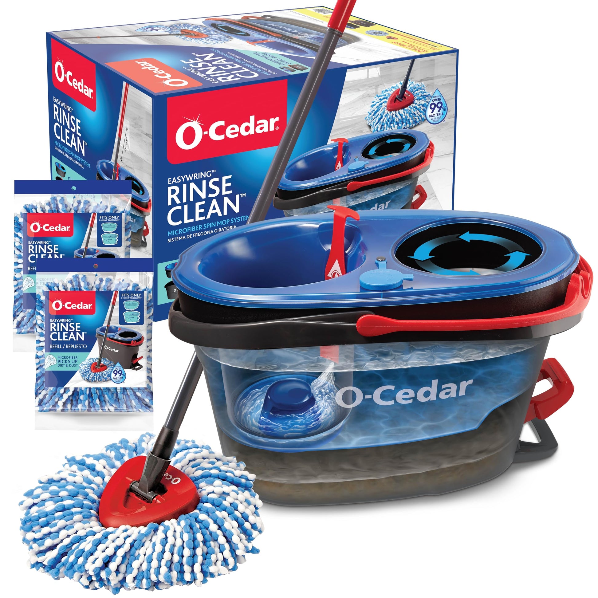 O-Cedar RinseClean Spin Mop & Bucket System + 2 Extra Mop Heads| Clean with Clean Water | Removes 99% of Bacteria - Medaid International