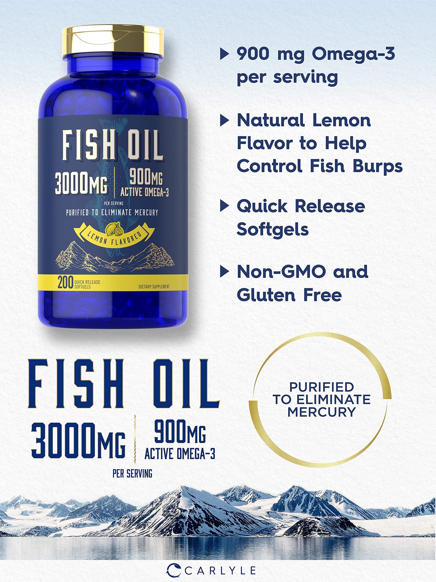 Carlyle Fish Oil 3000mg | 900mg Omega 3 | 200 Softgels | Lemon Flavor | Non-GMO and Gluten Free Supplement - Medaid International