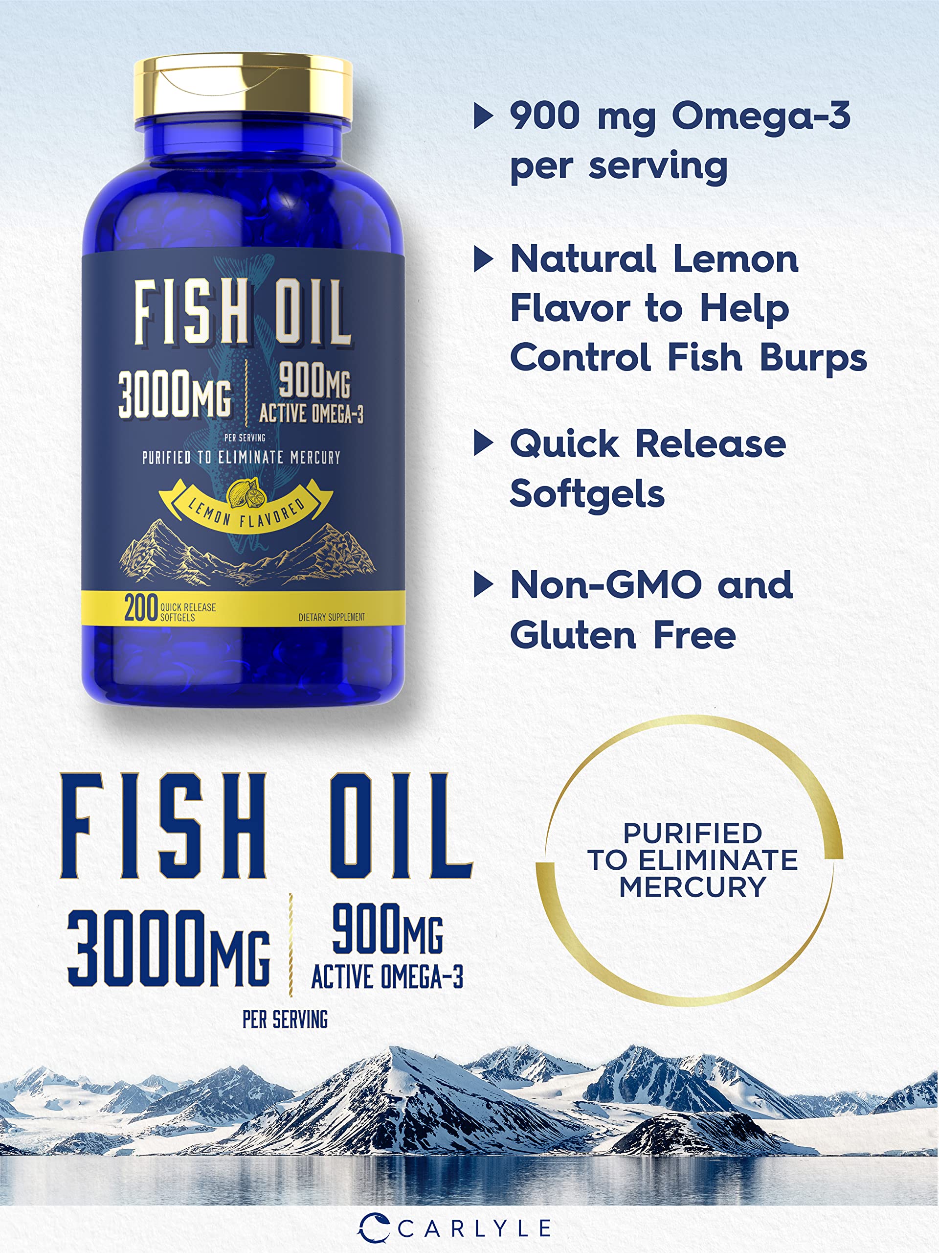 Carlyle Fish Oil 3000mg | 900mg Omega 3 | 200 Softgels | Lemon Flavor | Non-GMO and Gluten Free Supplement - Medaid International
