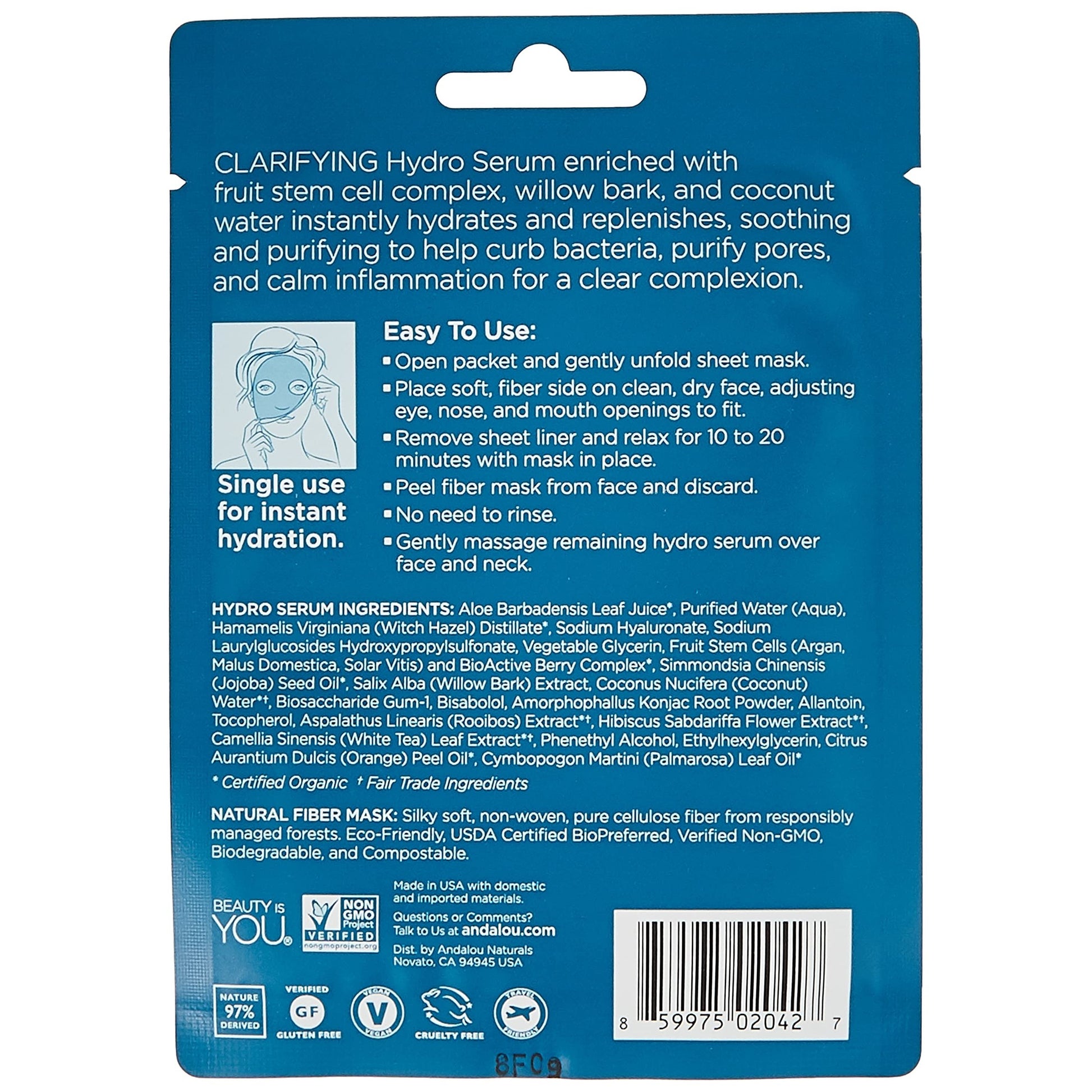 Andalou Naturals Instant Pure Pore Hydro Serum Facial Sheet Mask, Coconut Water, Clarifying, Non GMO, 0.6 Fluid Ounces (Pack Of 6) - Medaid International