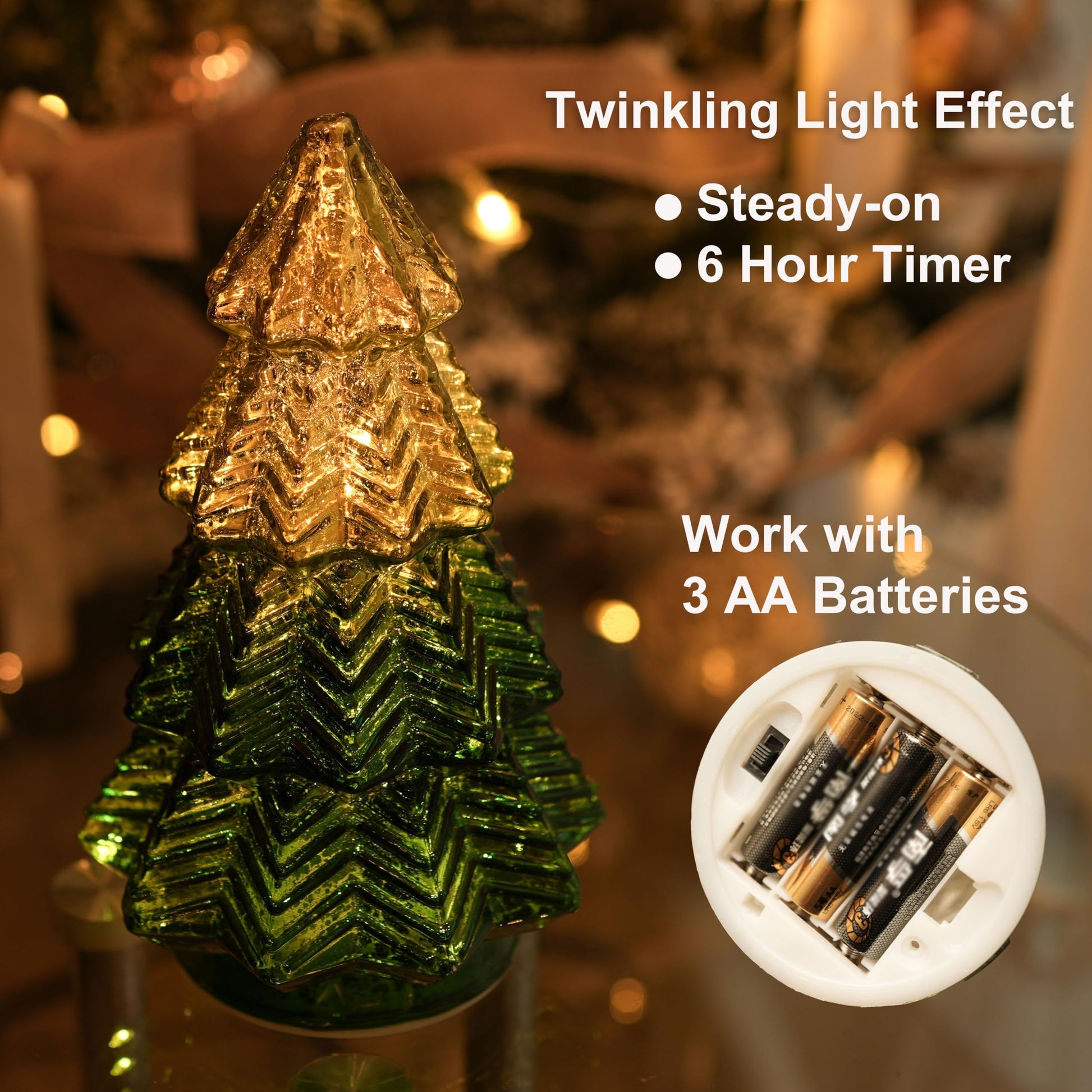 Green Mercury Glass Christmas Tree for Home Decor, Christmas Table Decorations Lighted Xmas Tree with Timer for Living Room Mantel Tabletop Party-8" H - Medaid International