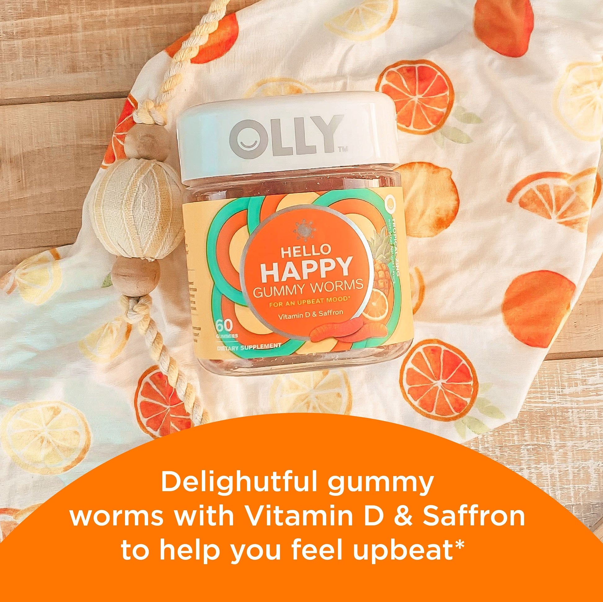 OLLY Hello Happy Gummy Worms, Mood Balance Support, Vitamin D, Saffron, Adult Chewable Supplement, Tropical Zing - 60 Count - Medaid International