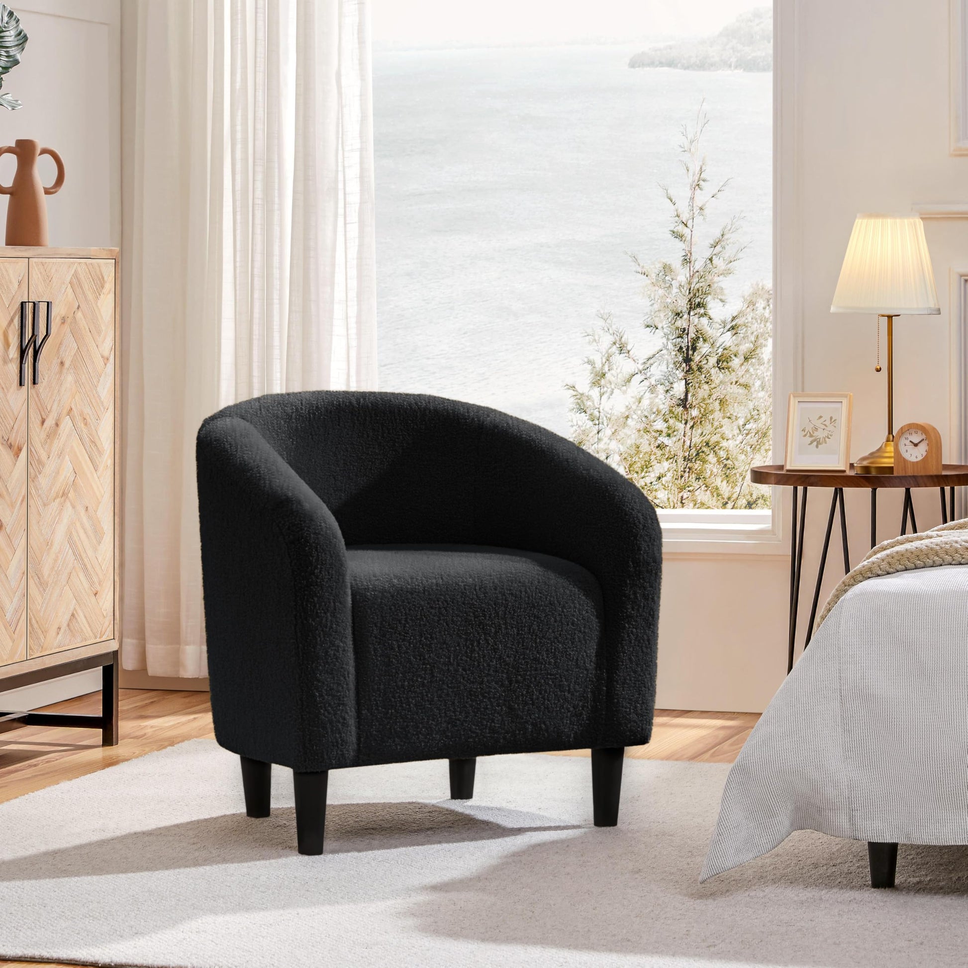 Yaheetech Accent Barrel Chair, Boucle Fabric Club Chair, Furry Sherpa Elegant Armchair with Cozy Soft Padded, Suitable for Living Room Bedroom Reception Room Office, Black - Medaid International