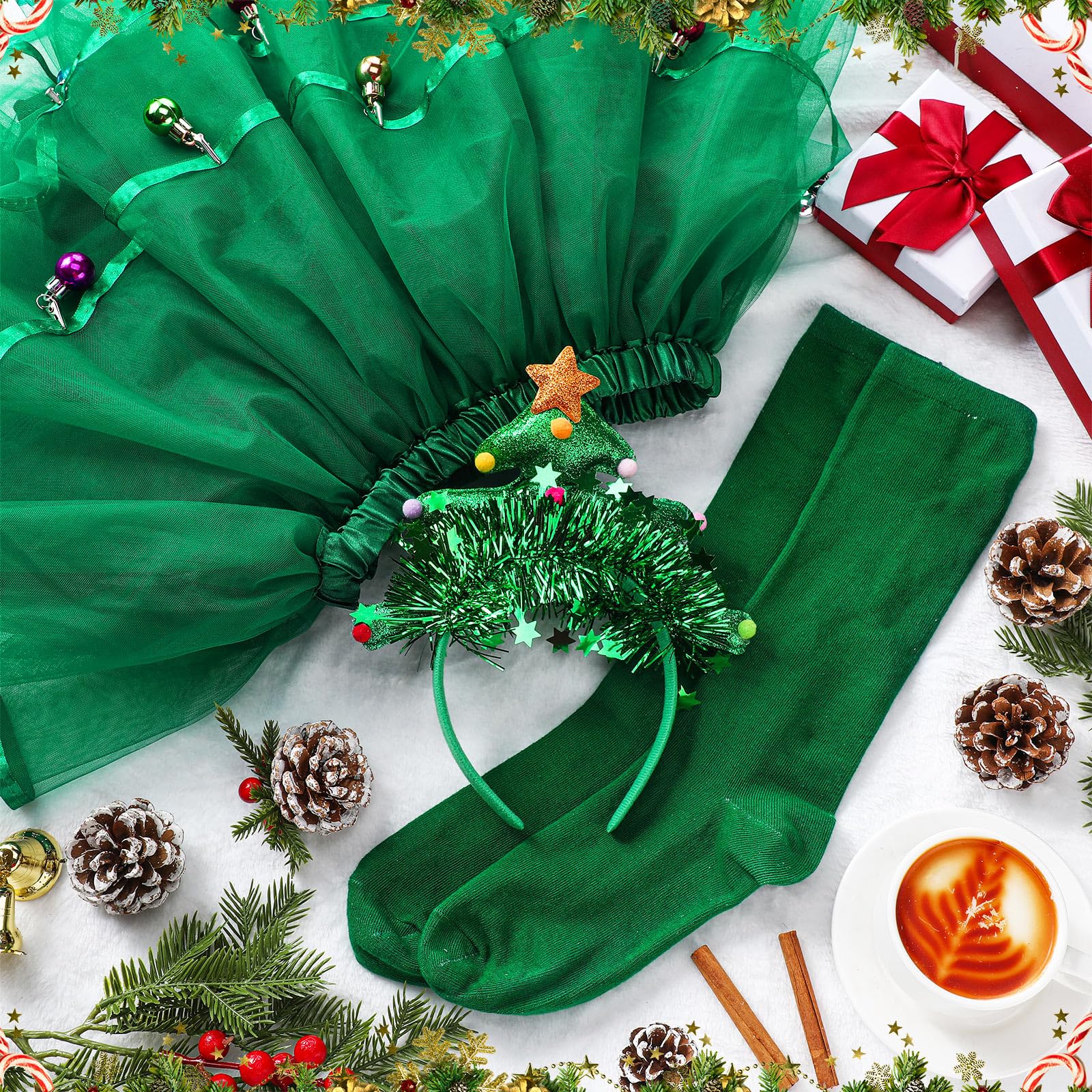 JenPen 4 Pcs Christmas Tree Costumes for Women Xmas Tutu Skirt Christmas Tree Headband Socks Xmas Outfit for Costume(Colored Clips) - Medaid International
