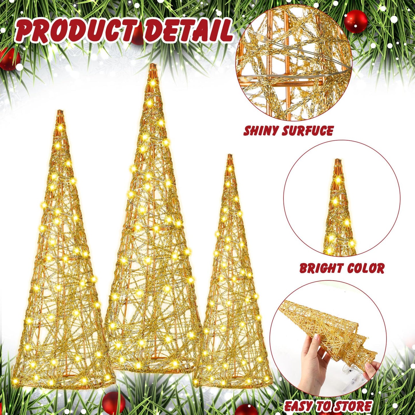 Baquler 3 Pcs LED Lighted Christmas Cone Trees Christmas Tree Ornament Gold Glittered Battery Operated Christmas Decoration Xmas Table Decor for Indoor Home Bedroom Tabletop Centerpiece Holiday Party - Medaid International