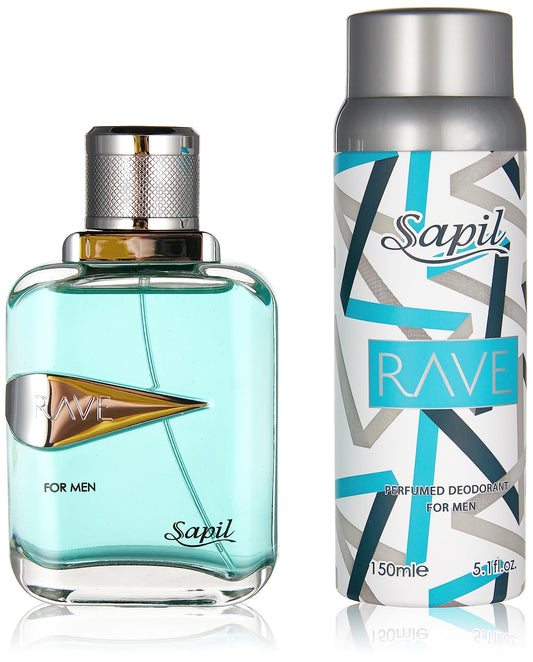 Sapil Rave Perfume for Men Giftset - Long-Lasting Dubai Perfume for Men - Fresh Spicy Aromatic EDT 3.4 Oz + Deodorant 5.1 Oz - Arabic Cologne for Men - Ideal for Everyday Use and Gifting - Medaid International