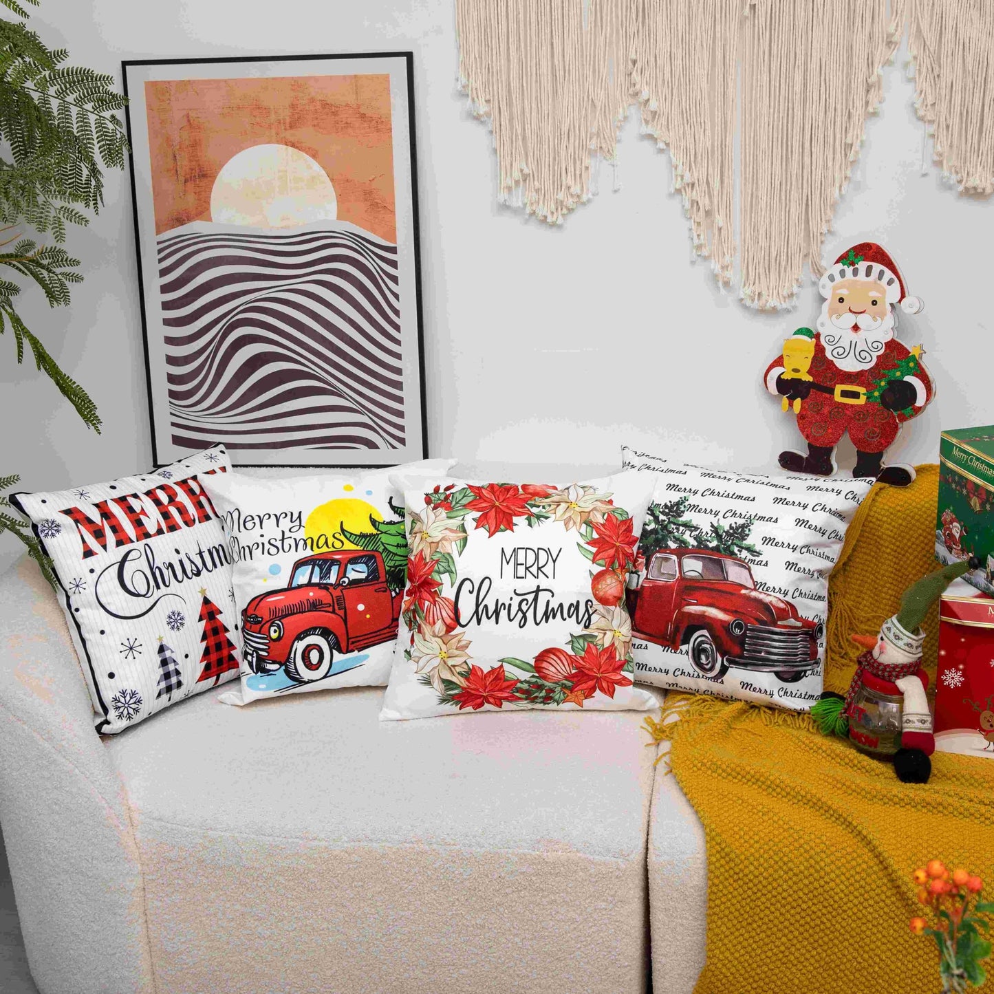 Christmas Pillow Cover Poinsettia Wreath Decorative Holiday Cushion Case for Sofa and Living Room Merry Christmas Throw Pillow Cover - Medaid International