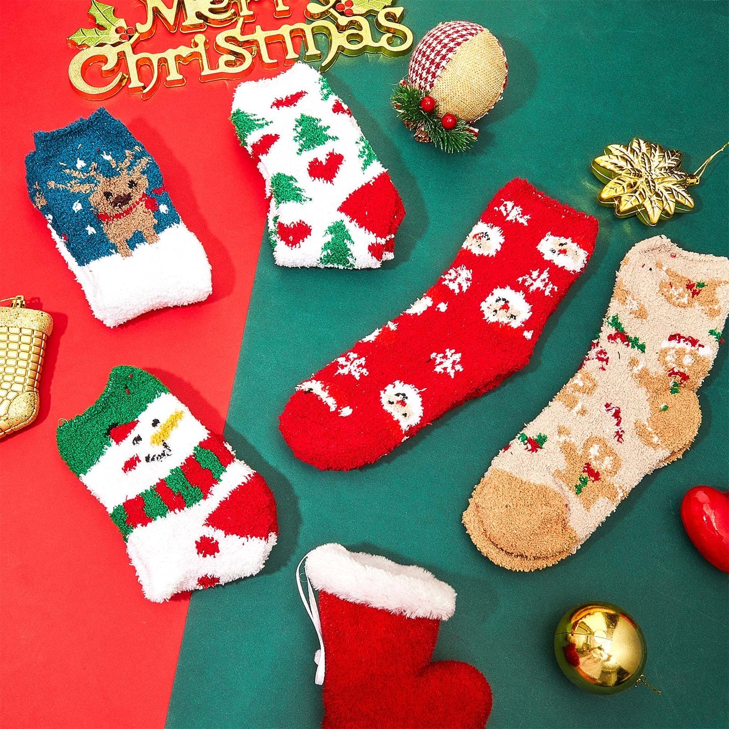 48 Pairs Christmas Fuzzy Socks Bulk for Women Men Holiday Winter Warm Slipper Xmas Snowman Fluffy Santa Socks Gifts - Medaid International