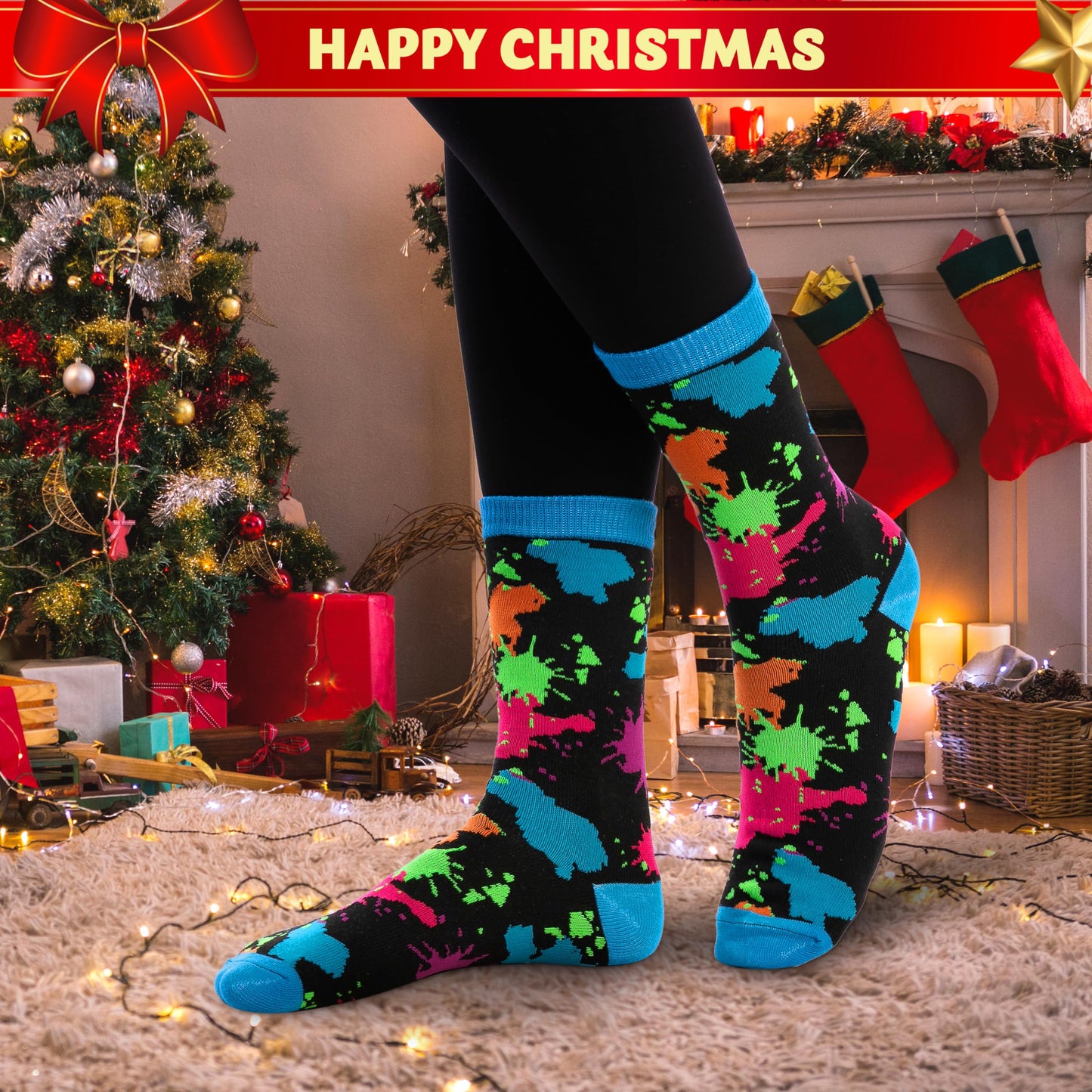 JOYIN 12 PCS Christmas Socks Women Colorful Funky Paint Splash Patterned Crew Socks for Christmas, Holiday or Birthday Gift - Medaid International