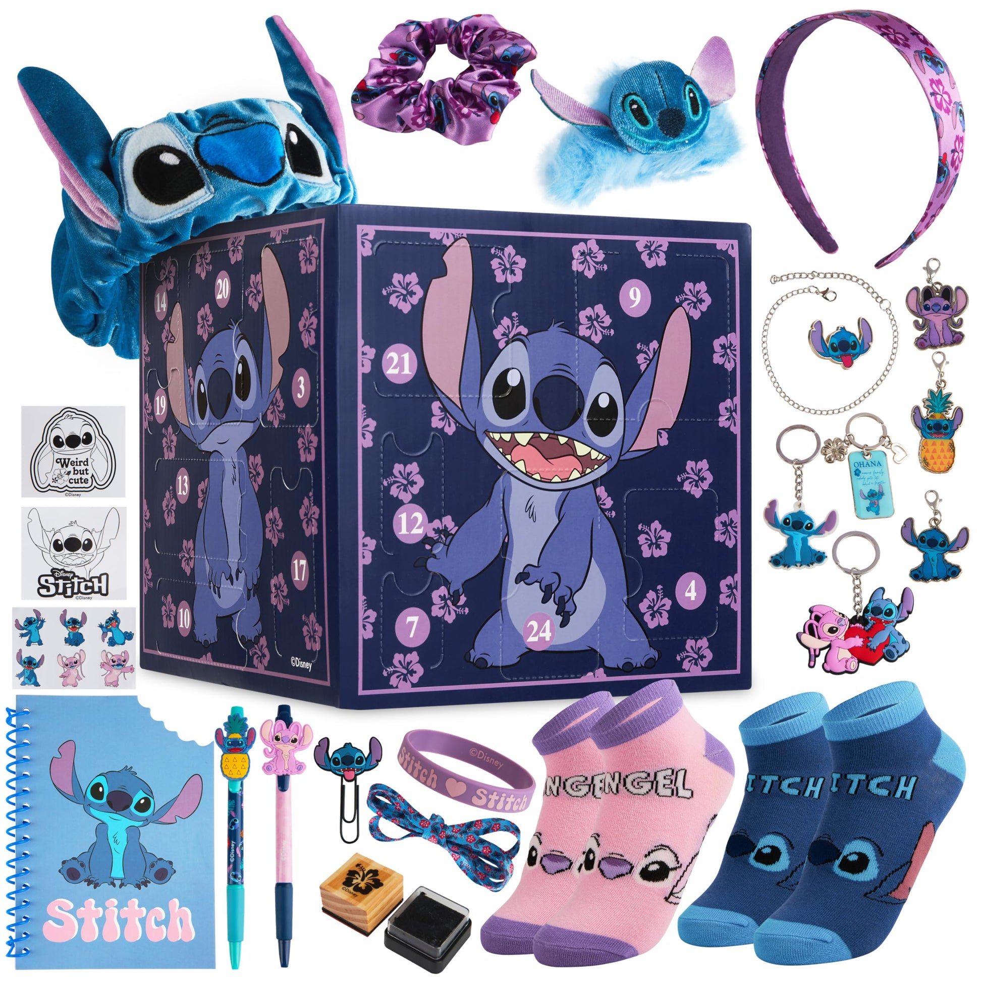 Disney Stitch Girls Advent Calendar 2025 with 24 Accessories, Charms, Socks, Keyrings, Scrunchie, Headband, Hair Clips, Bracelet, Gifts for Girls - Medaid International