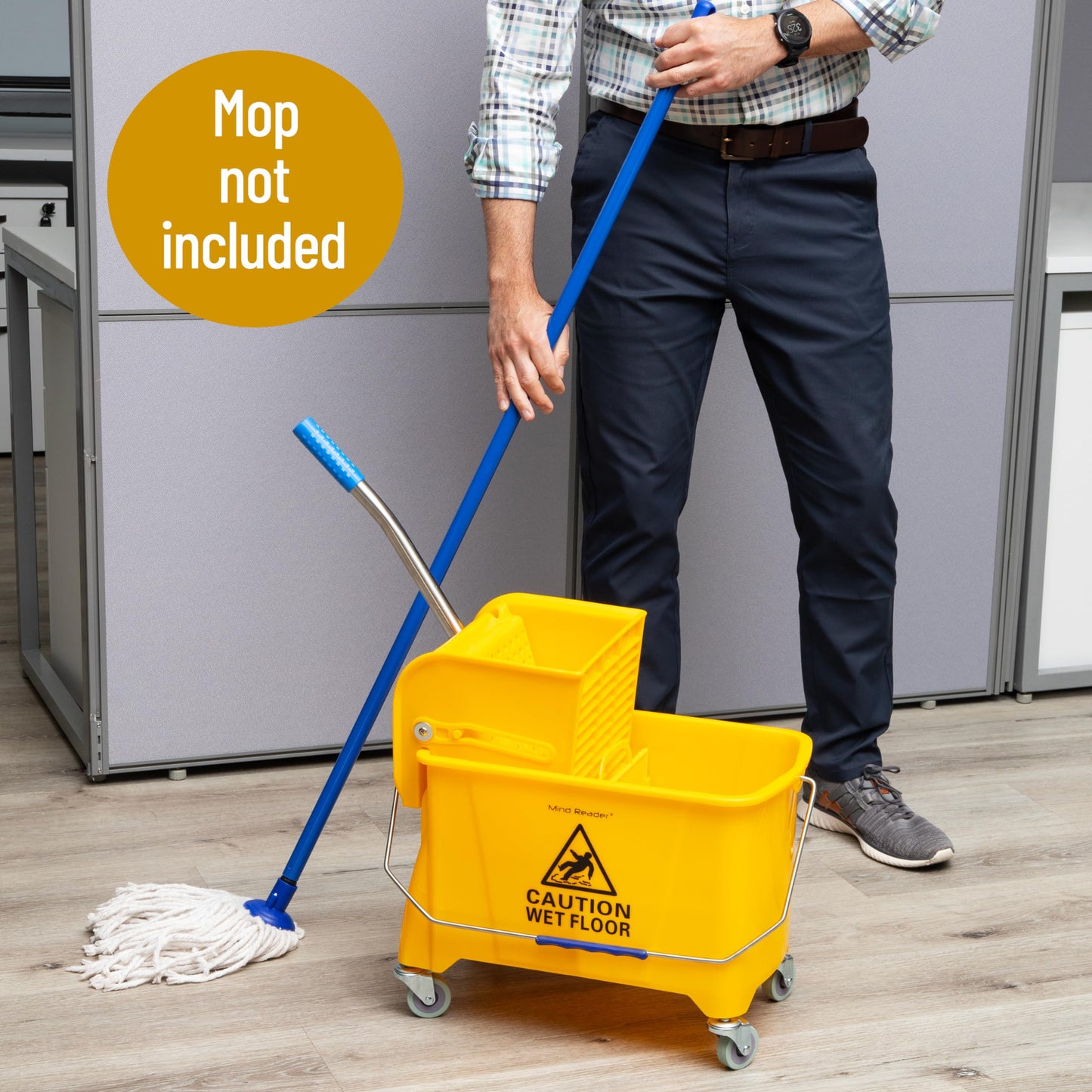 Mind Reader Mop Bucket with Wringer, 22 Qt (5.5 Gallon), Floor Cleaning, Handle, Wheels, 16.25"L x 10.75"W x 24.5"H, Yellow - Medaid International