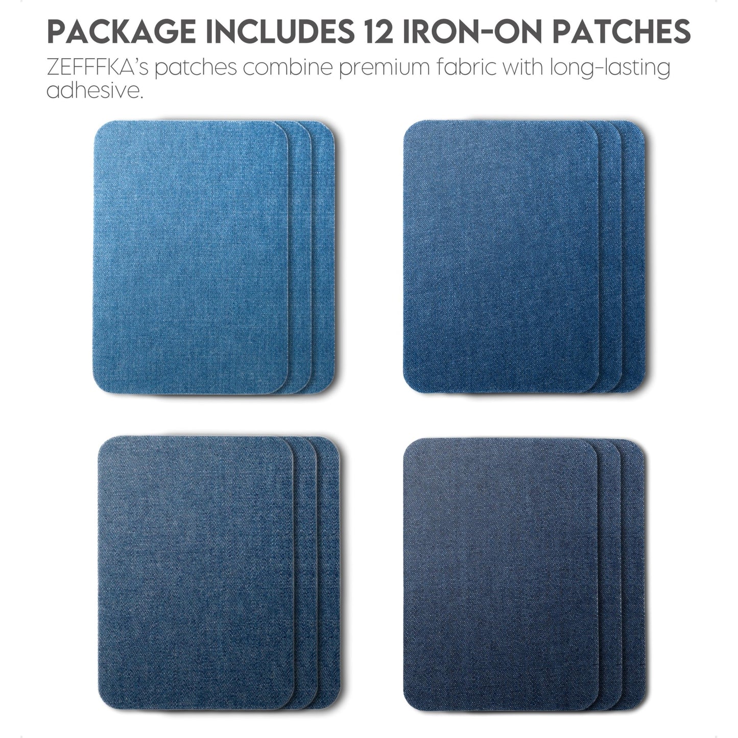 ZEFFFKA Denim Iron-on Patches Inside & Outside Strongest Glue 100% Cotton Black and White Repair Decorating Kit 12 Pieces Shades of Blue Size 3" by 4-1/4" (7.5 cm x 10.5 cm) - Medaid International