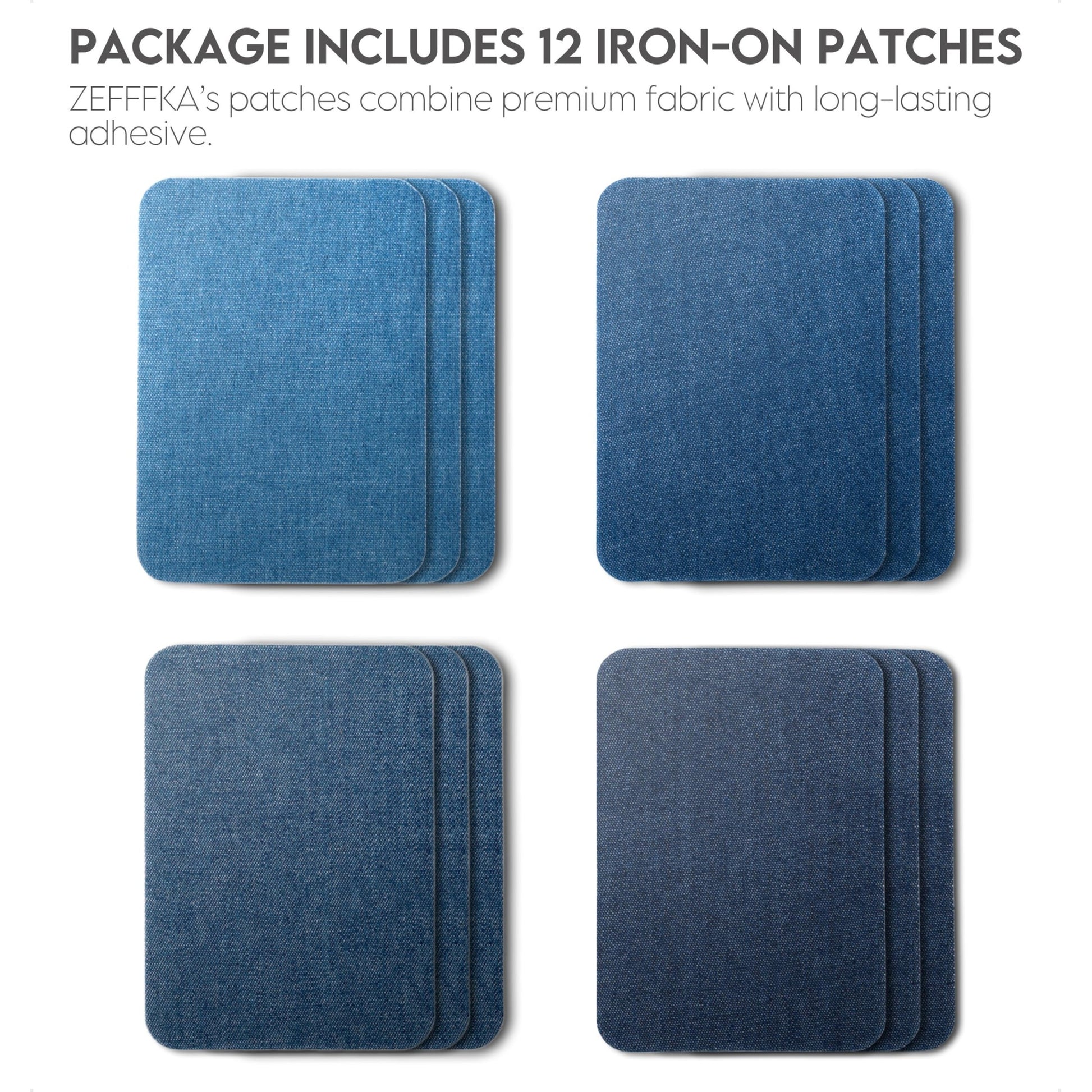 ZEFFFKA Denim Iron-on Patches Inside & Outside Strongest Glue 100% Cotton Black and White Repair Decorating Kit 12 Pieces Shades of Blue Size 3" by 4-1/4" (7.5 cm x 10.5 cm) - Medaid International
