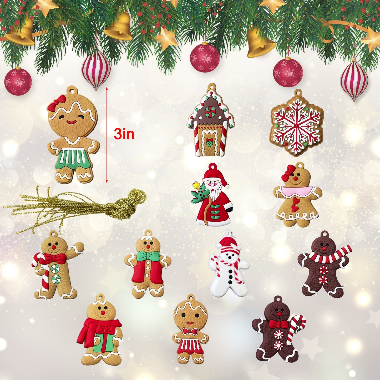 12pcs Christmas Ornaments Cute Snowman Xmas Tree Decorations Santa Claus Plastic Figurines Ornaments with Sugar Cookie House for Christmas Tree Hanging Party DIY Decor 3 Inch Tall - Medaid International