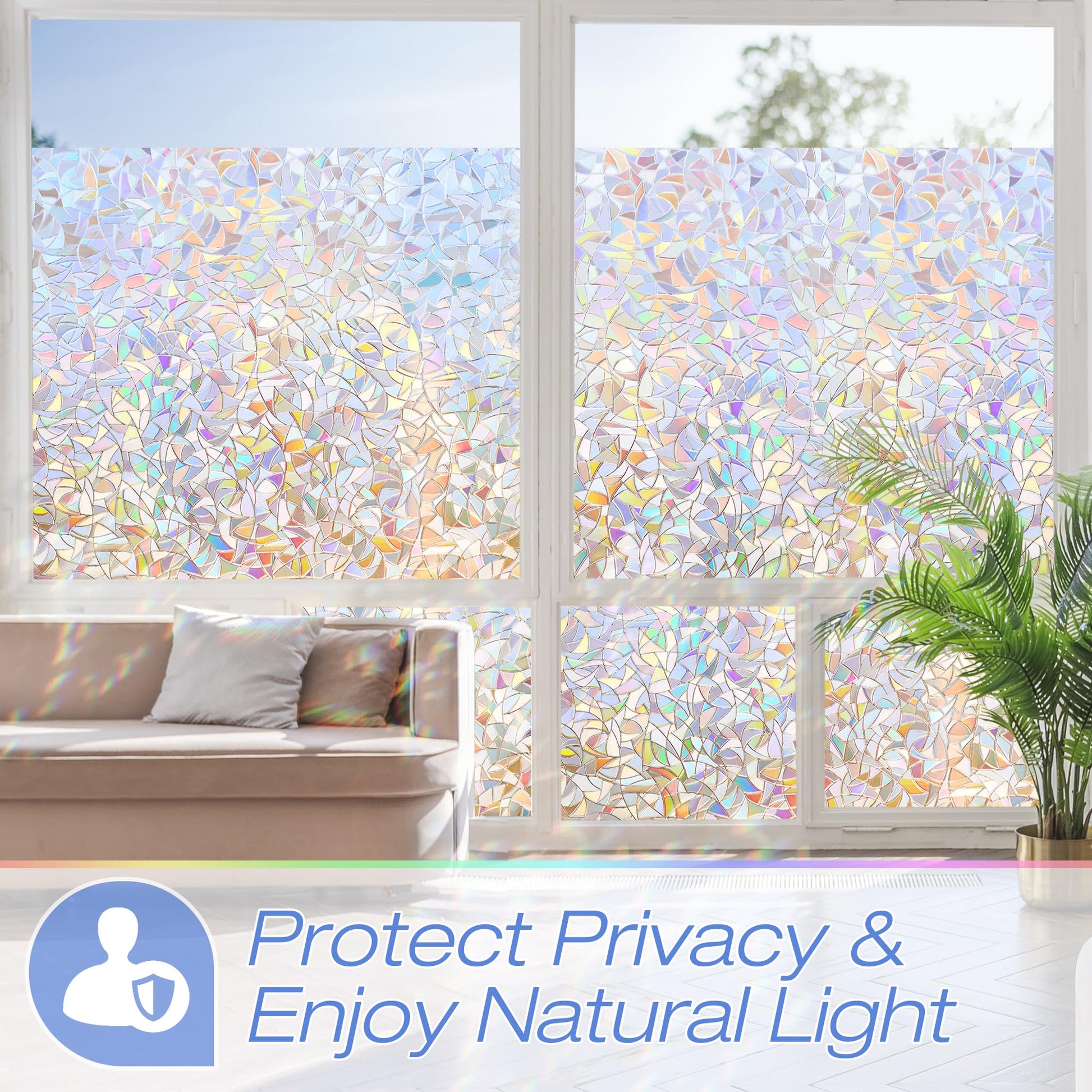 Homein Window Privacy Film, Rainbow Window Film Decorative 3D Window Clings Non Adhesive Window Tint for Home, Stained Glass Window Film for Glass, UV Blocking, 17.5 x 78.7 inches - Medaid International