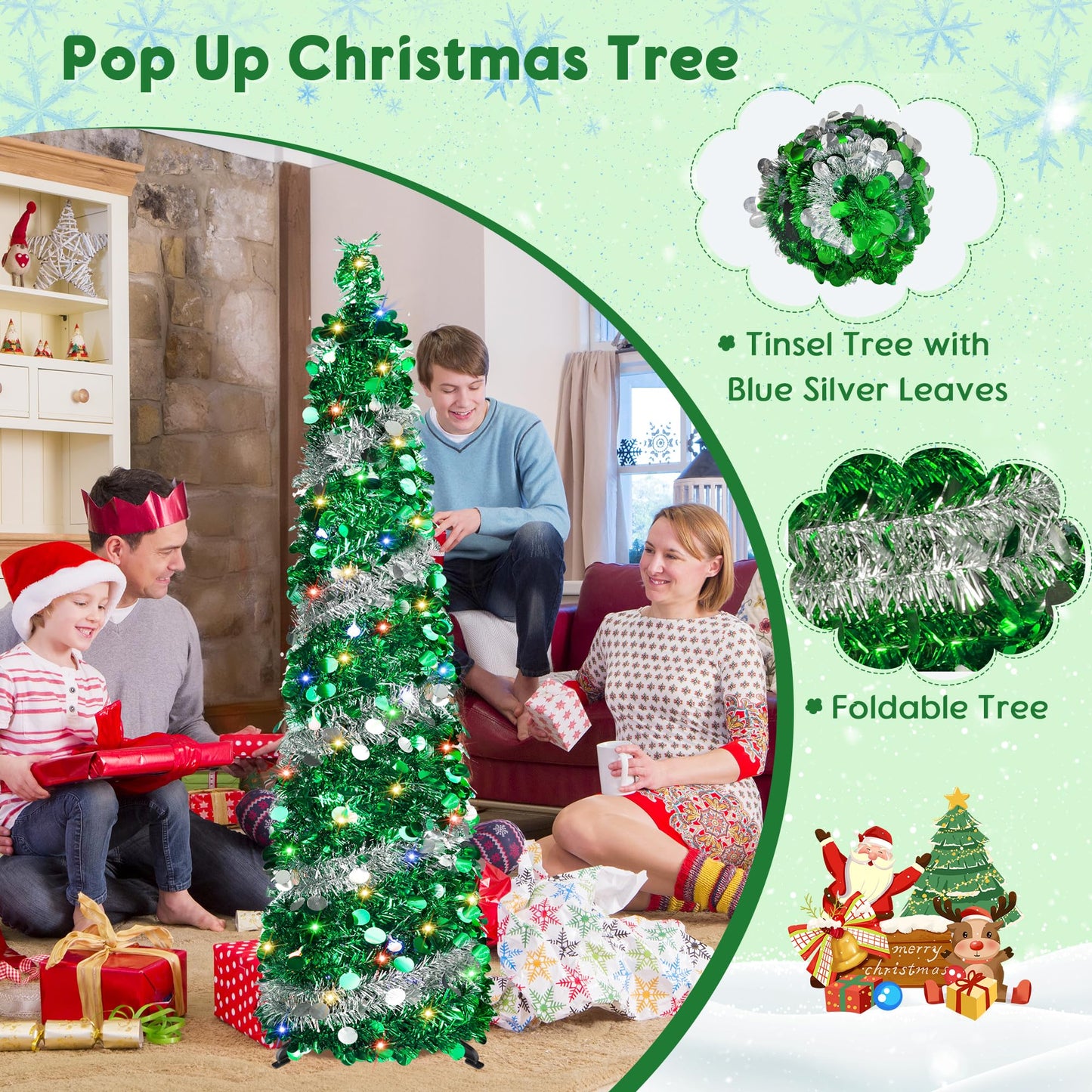 5FT Pop Up Christmas Tree with 90 LED Lights, Collapsible Artificial Pencil Christmas Tree, Tinsel Skinny Christmas Trees for Home Apartment Porch Indoor Outdoor Holiday Decorations - Medaid International