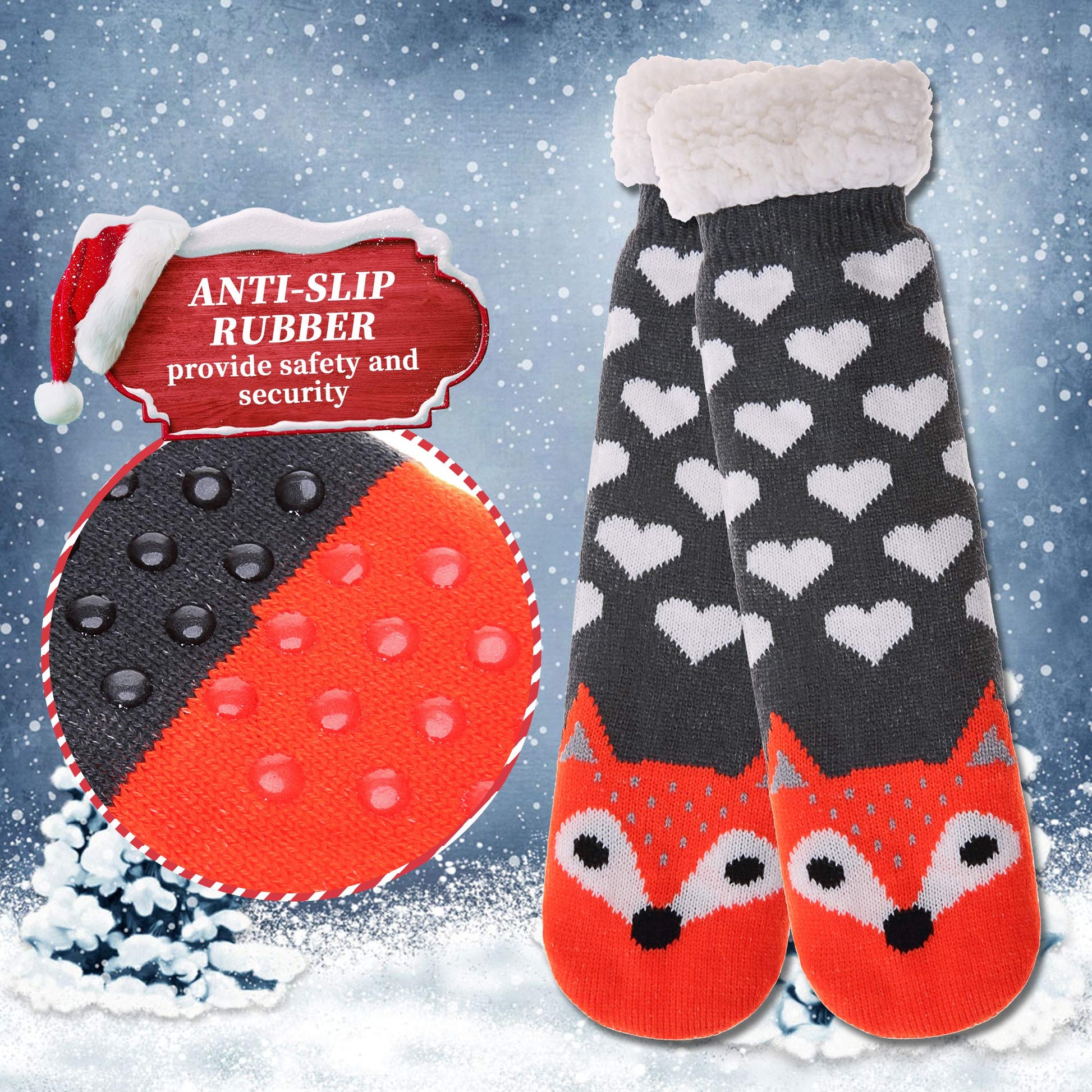 DYW Women Winter Thick Slipper Socks with Grippers Non Slip Warm Fleece Lining Fluffy Fuzzy Socks Christmas Gifts (Fox) - Medaid International