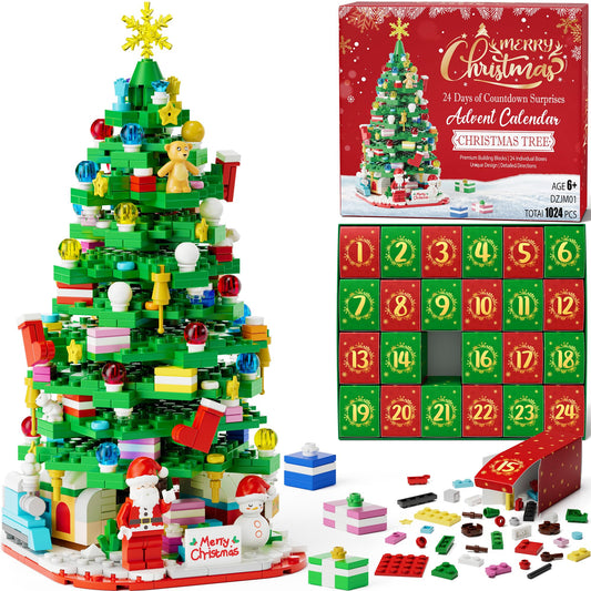 Advent Calendar 2025 for Kids Boys Girls, 24 Days Surprise Christmas Tree Building Blocks Christmas Countdown Calendar Gift Box with 1024 PCS Xmas Building Bricks Toy Decor for Teens Adults Women Men - Medaid International