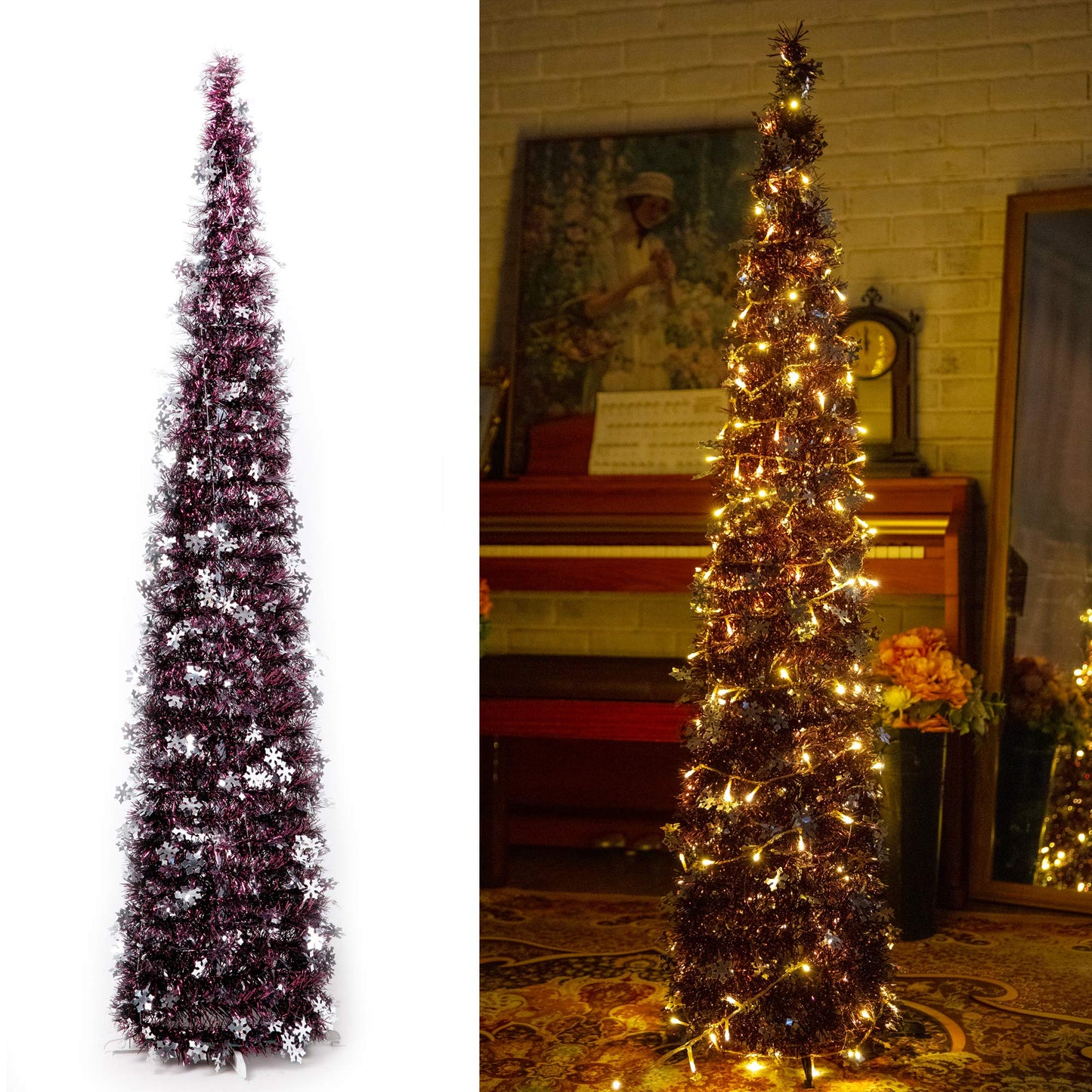 Pop-Up Artificial Christmas Tree with 100LED Lights,Collapsible Pencil Christmas Trees for Holiday Carnival Party Christmas Decorations (Red Wine) - Medaid International