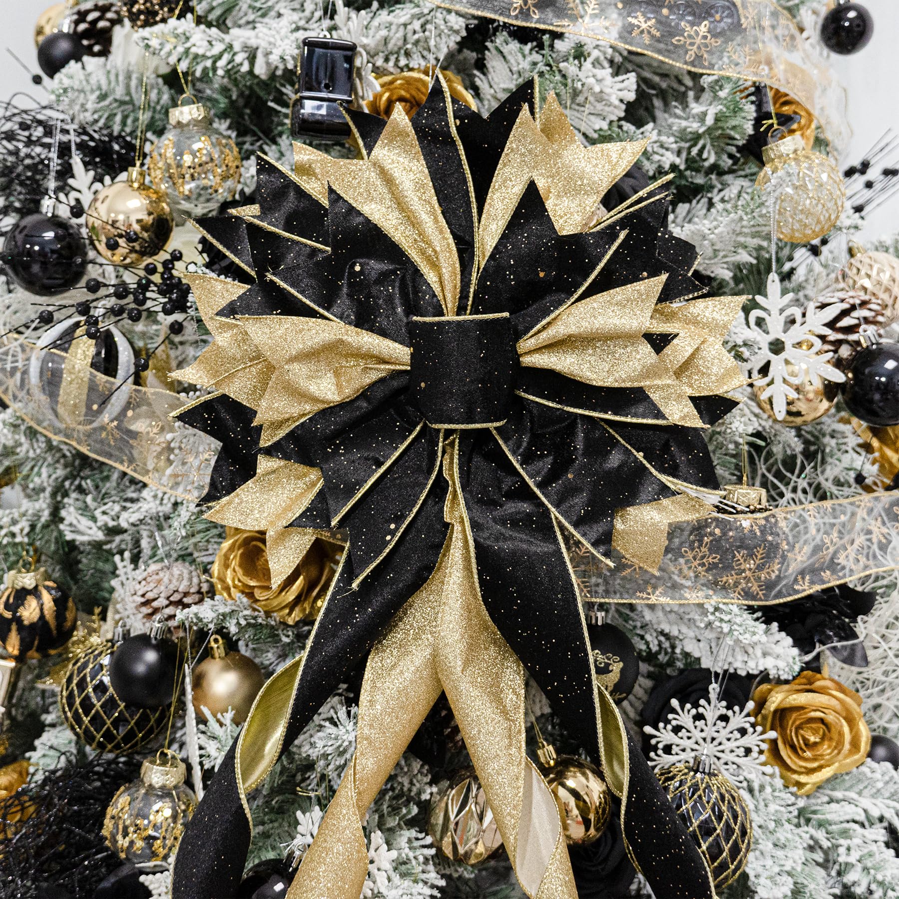 Hismir Christmas Tree Topper Bow, 53x13 Inches Large Christmas Bow with Glitter Streamer, Decorative Ribbon Bows for Xmas Tree Wreath Door Festival Home Decor(Black & Gold) - Medaid International