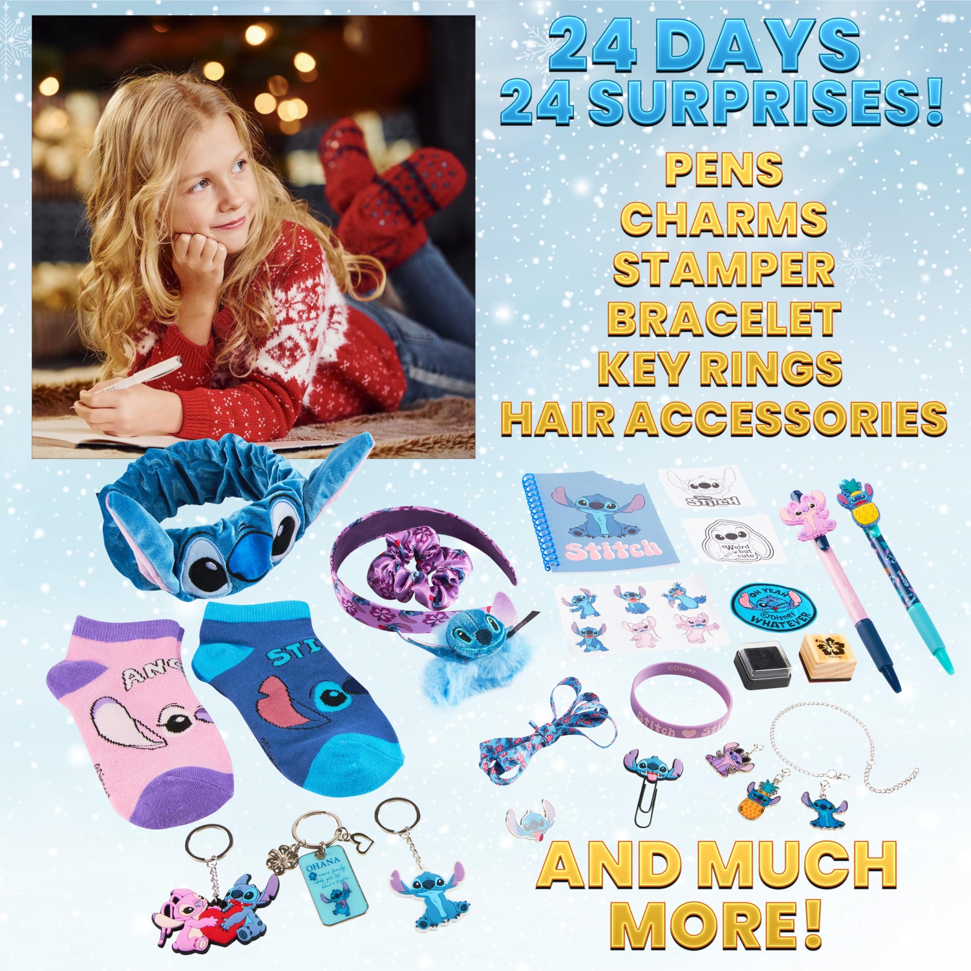 Disney Stitch Girls Advent Calendar 2025 with 24 Accessories, Charms, Socks, Keyrings, Scrunchie, Headband, Hair Clips, Bracelet, Gifts for Girls - Medaid International