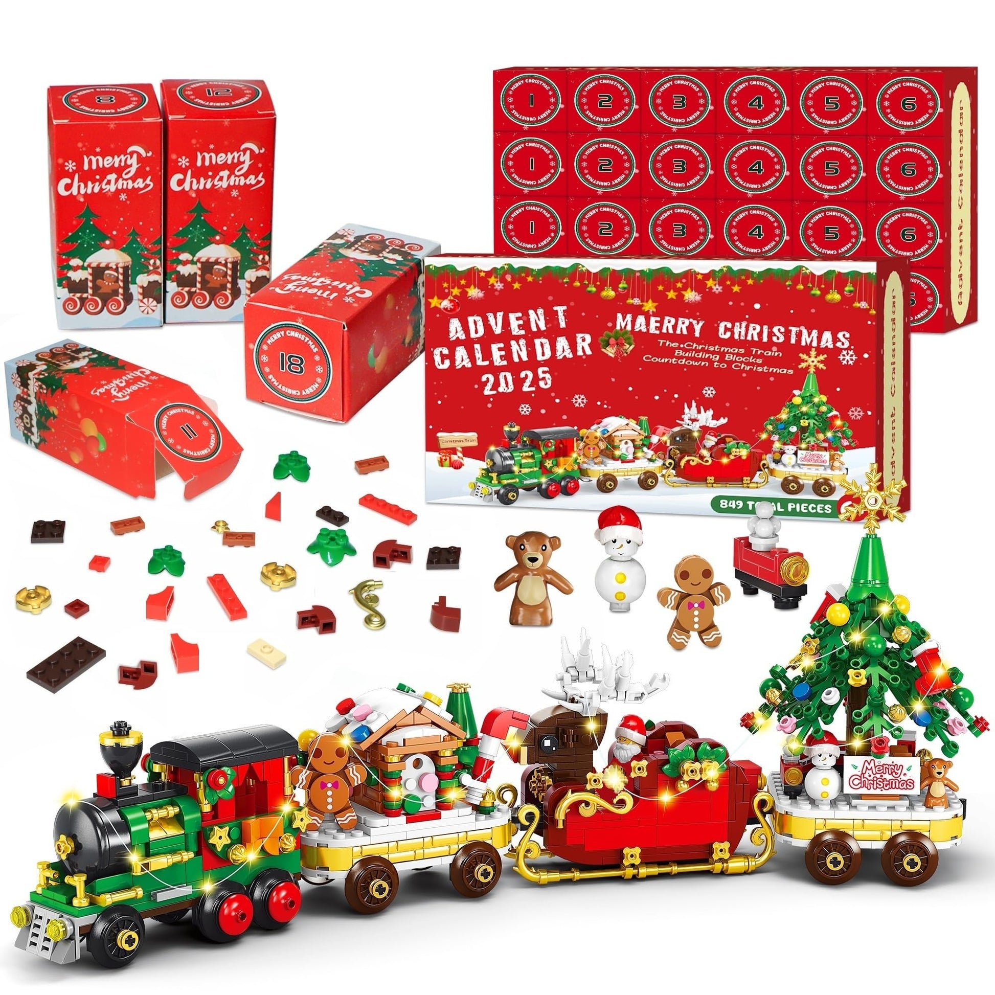 Advent Calendar 2025 Christmas Train Building Set with Lights, 24 Boxes Christmas Countdown Surprise Blocks Compatible with Lego, Xmas Gifts for Kids Adults (849PCS) - Medaid International