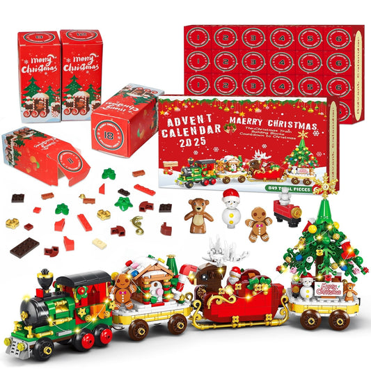 Advent Calendar 2025 Christmas Train Building Set with Lights, 24 Boxes Christmas Countdown Surprise Blocks Compatible with Lego, Xmas Gifts for Kids Adults (849PCS) - Medaid International