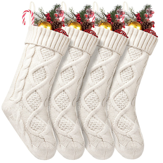Fesciory 4 Pack Christmas Stockings 18 Inches Large Size Cable Knitted Stocking Gifts & Decorations for Family Holiday Xmas Party, Ivory White - Medaid International