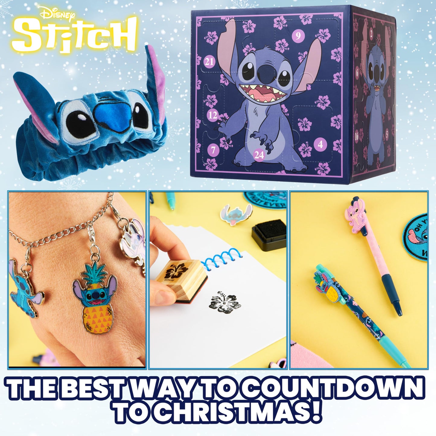 Disney Stitch Girls Advent Calendar 2025 with 24 Accessories, Charms, Socks, Keyrings, Scrunchie, Headband, Hair Clips, Bracelet, Gifts for Girls - Medaid International