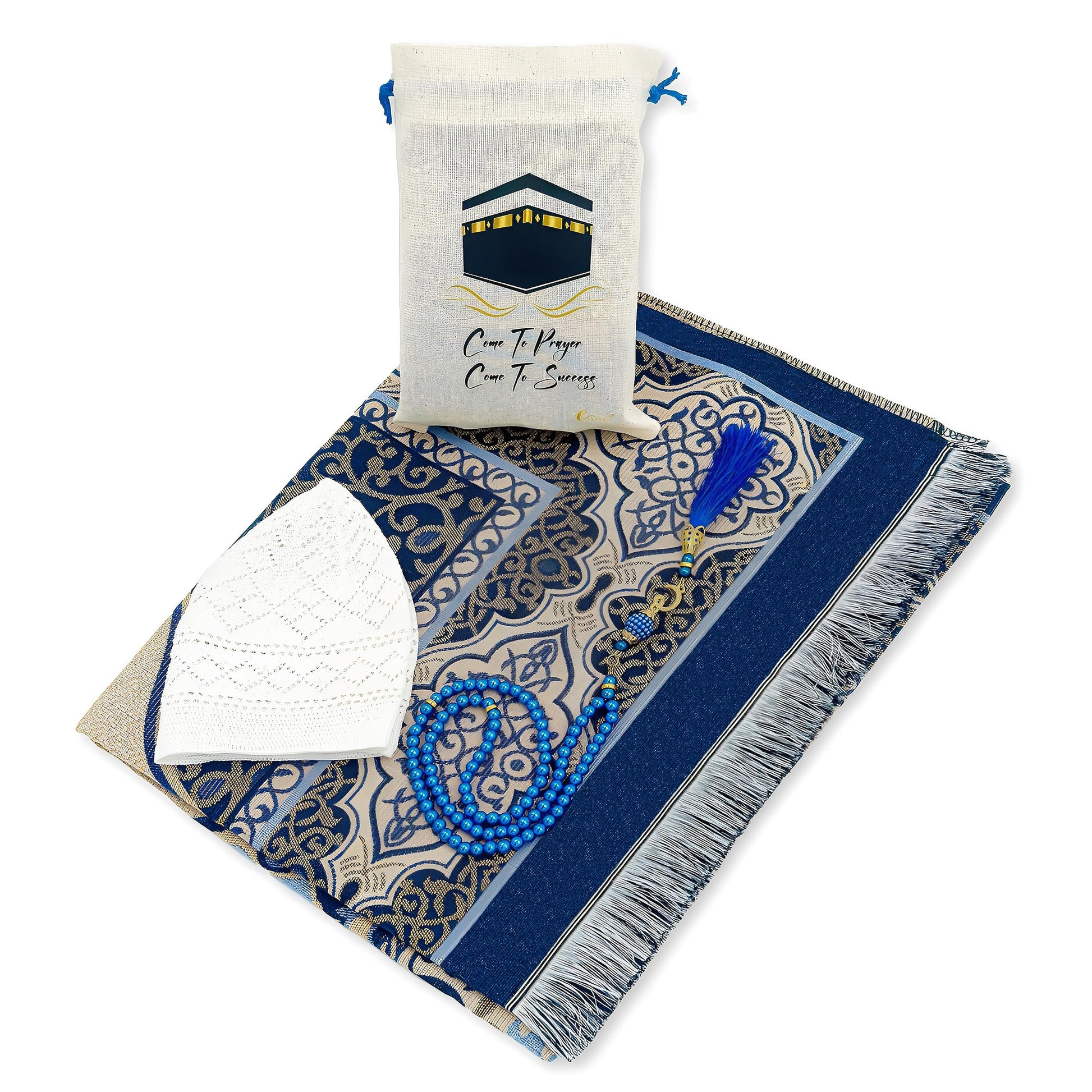 ESERRA Muslim Prayer Rug, 99 Prayer Beads and Prayer Cap Included, Prayer Mats Muslim for Praying Men, Women, and Kids, Prayer Set, Prayer Rugs Islam (Blue) - Medaid International