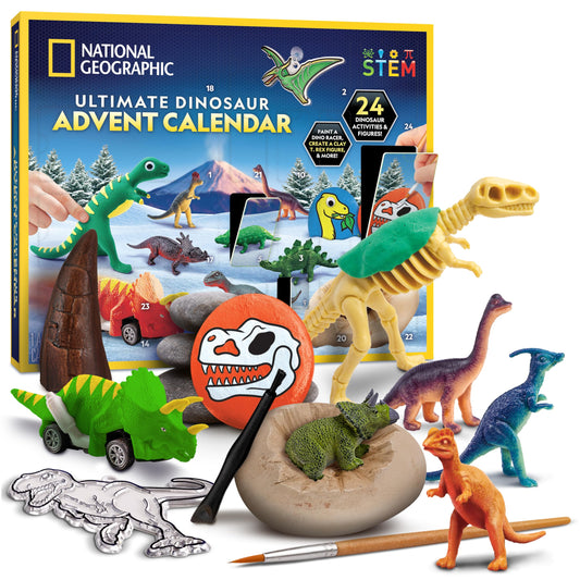 NATIONAL GEOGRAPHIC 2025 Dinosaur Advent Calendar - Christmas Countdown Calendar with 24 Dino Activities & Figures, Paint A Dinosaur Racer, Create a Clay T. Rex, Excavate a Dino Tooth Replica & More - Medaid International