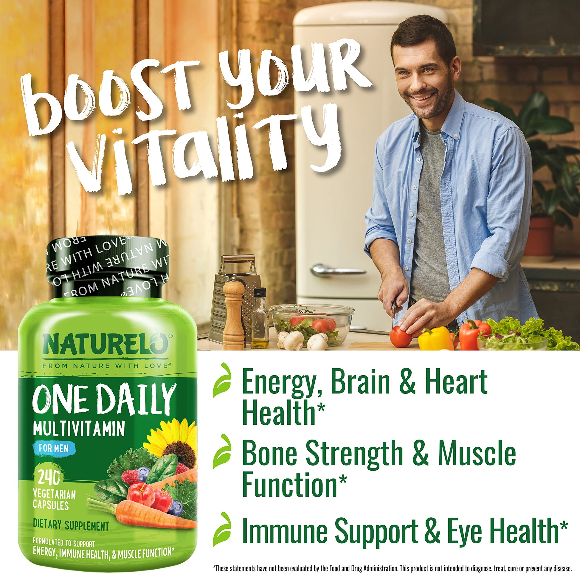 NATURELO Mens Multivitamins - One Daily Multivitamin for Men with Vitamins, Minerals & Organic Whole Foods, Boost Energy & Health, Non-GMO, 240 Vegetarian Capsules - Medaid International