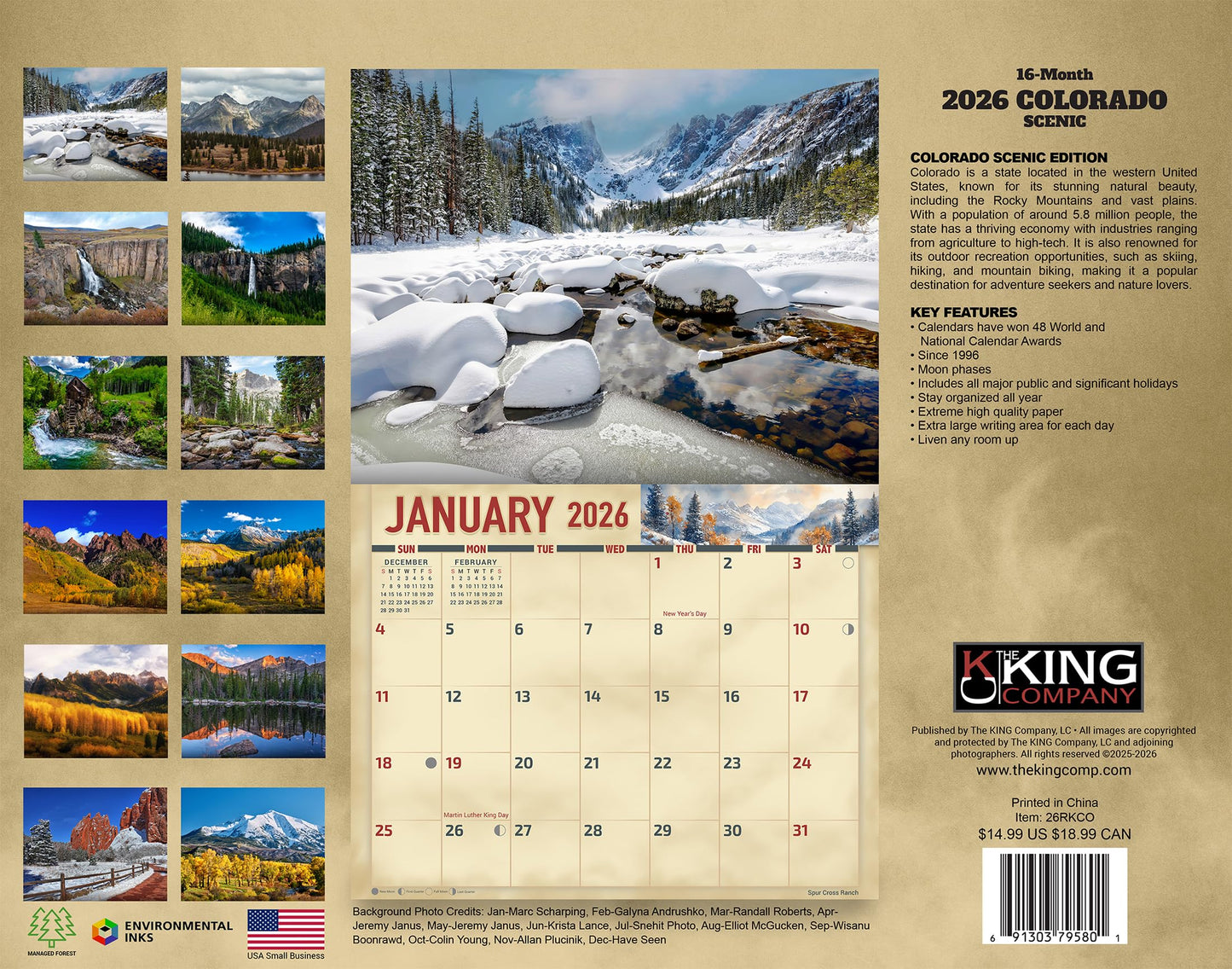 2026 Colorado Scenic Wall Calendar 16-Month X-Large Size 14x22, Majestic Mountains, Alpine Lakes, by The KING Company-Monster Calendars - Medaid International
