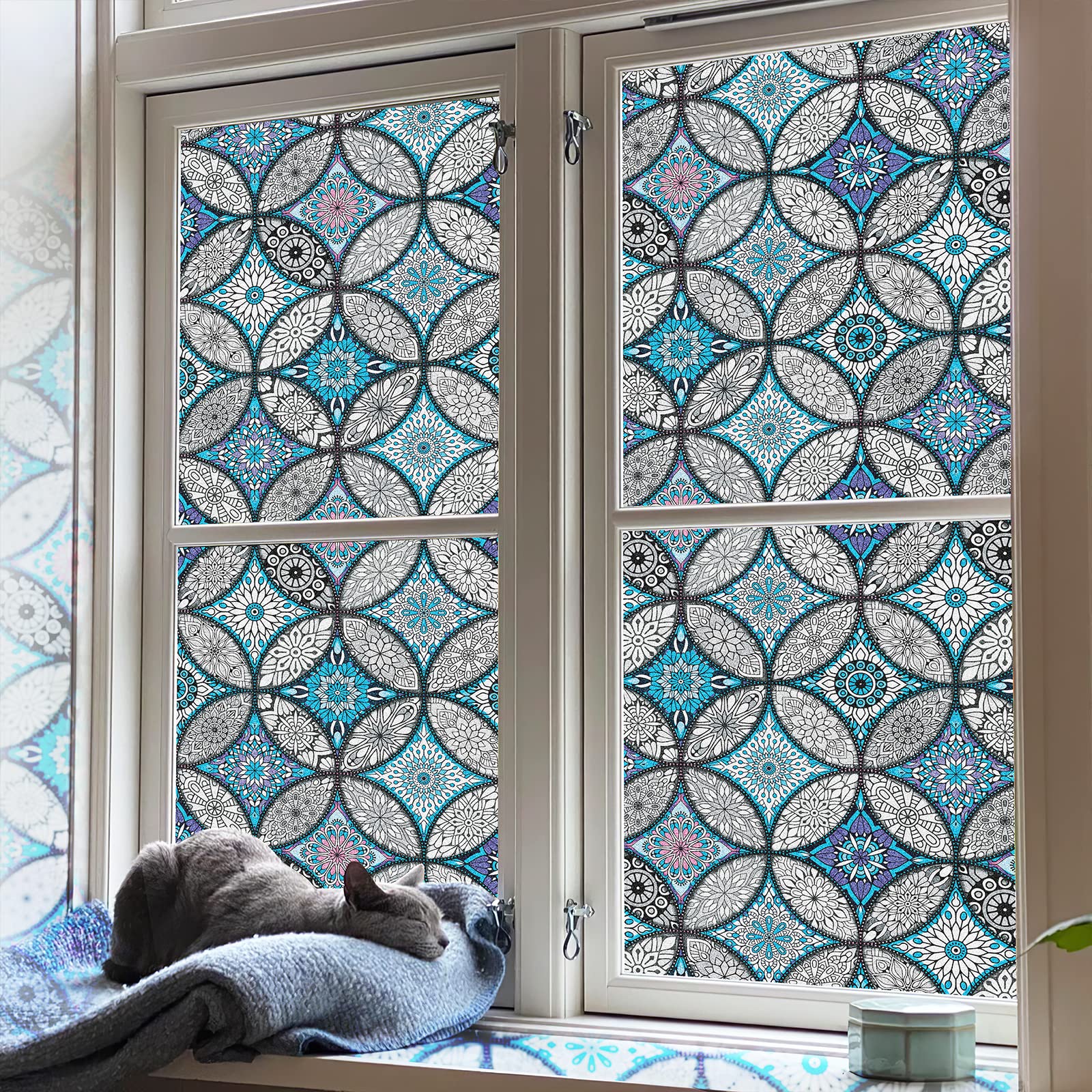 JiffDiff Blue Window Privacy Film Decorative Window Tint Film Stained Glass Window Clings Static Cling Decorative Window Film Sun Blocking Heat Control Window Covering Film for Home - Medaid International