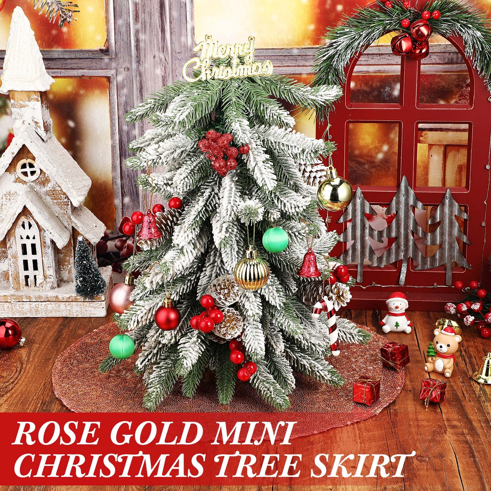 Rose Gold 15 Inch Mini Christmas Tree Skirt - Sequin, Slim, Small Tree Decoration for Hotel Holiday Bar - Medaid International