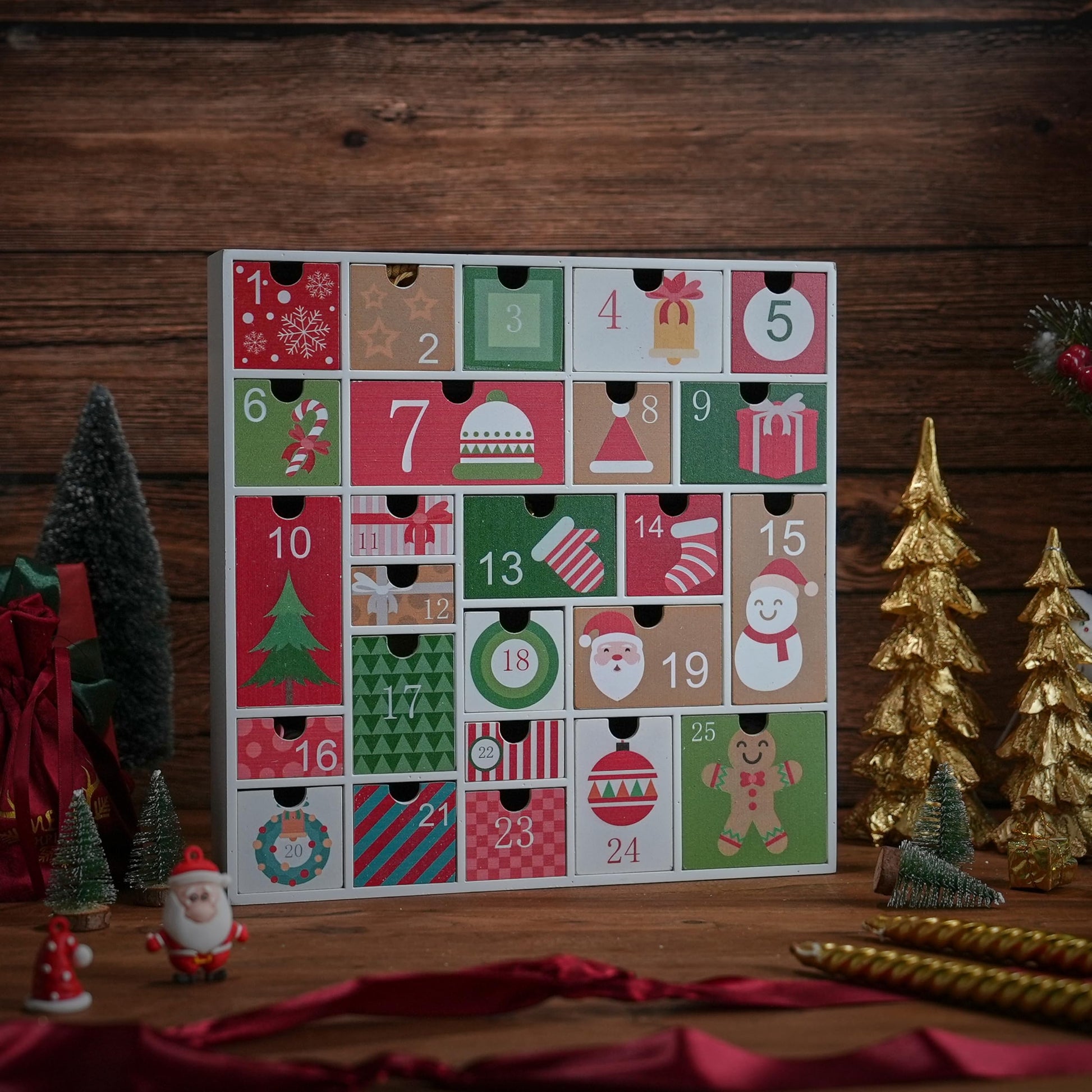 Wooden Advent Calendar with 25 Drawers for Kids, Refillable Advent Calendar for 2025, Red&Green Reusable Christmas Countdown Calendar with Classic Holiday Designs - Medaid International