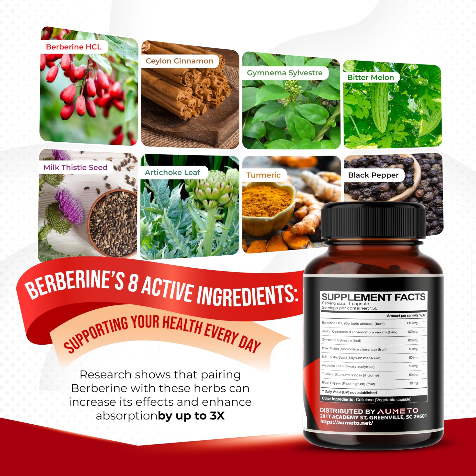 8 in 1 Berberine Supplement - Per Capsule Provides - Support Digestion, Immunity - with Ceylon Cinnamon, Milk Thistle, Turmeric, Bitter Melon - Medaid International