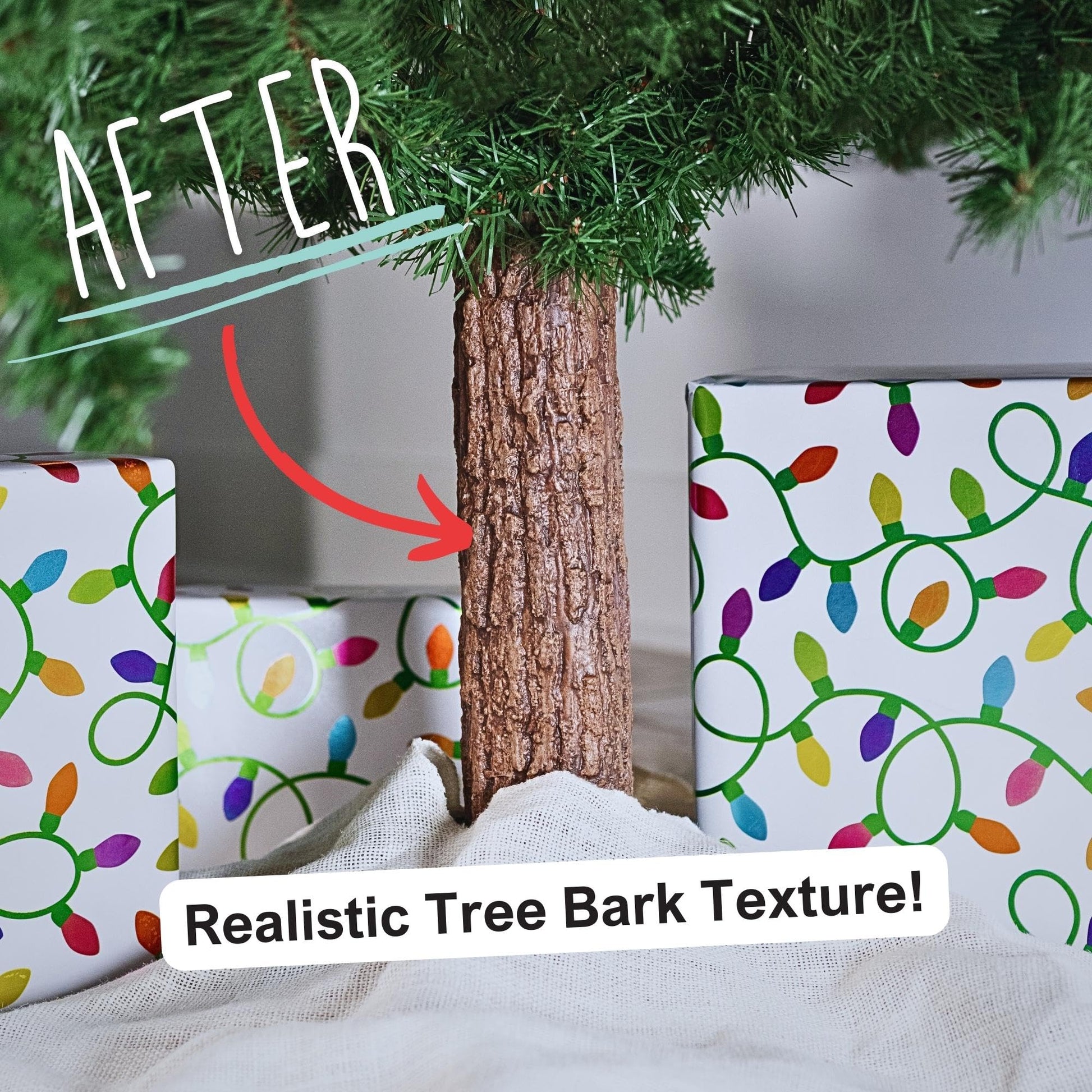 Realistic Faux Brown Bark Xmas Tree Skirt Hides Fake Pole, By Christmas Tree Hugger - Medaid International