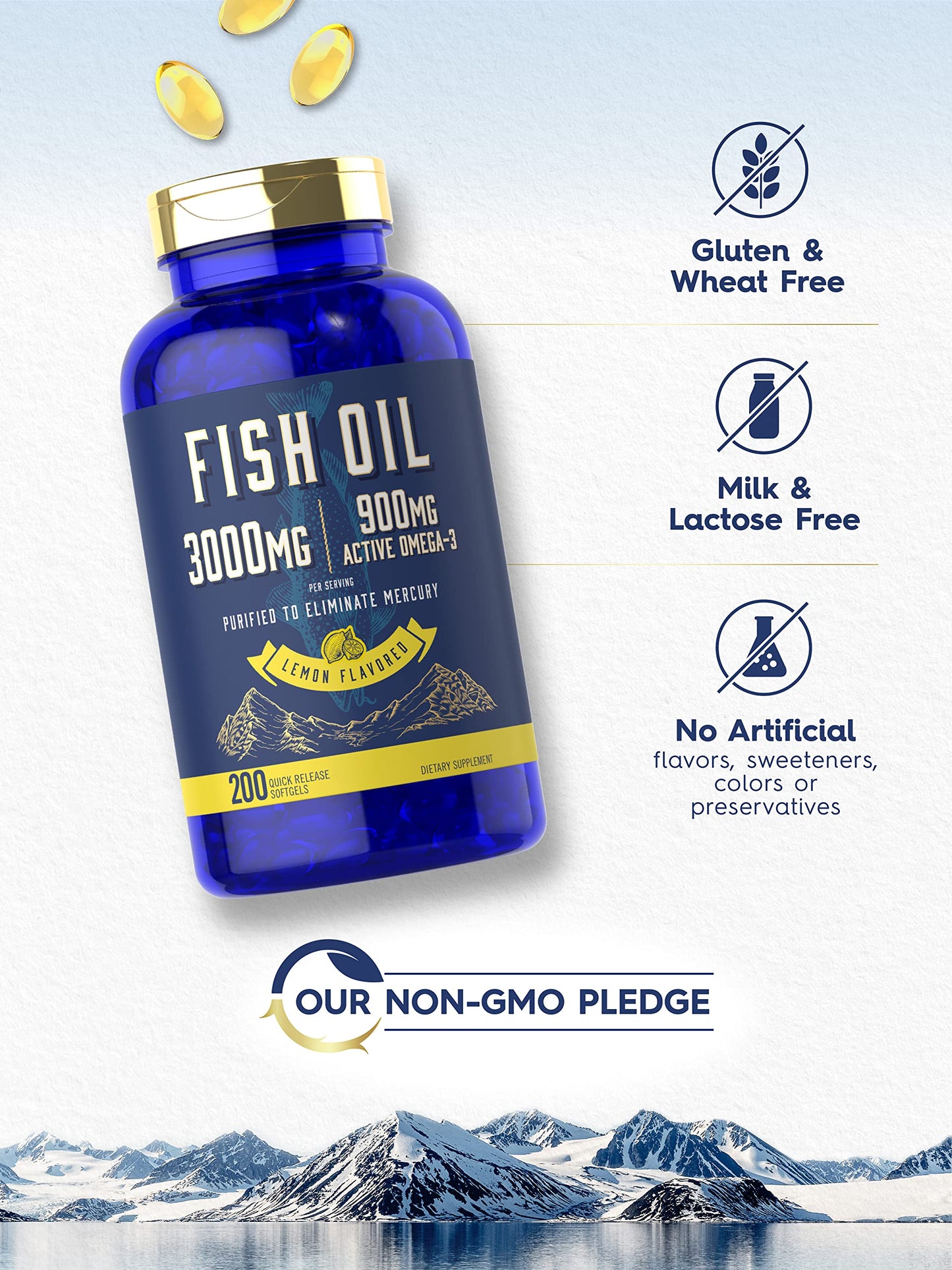 Carlyle Fish Oil 3000mg | 900mg Omega 3 | 200 Softgels | Lemon Flavor | Non-GMO and Gluten Free Supplement - Medaid International