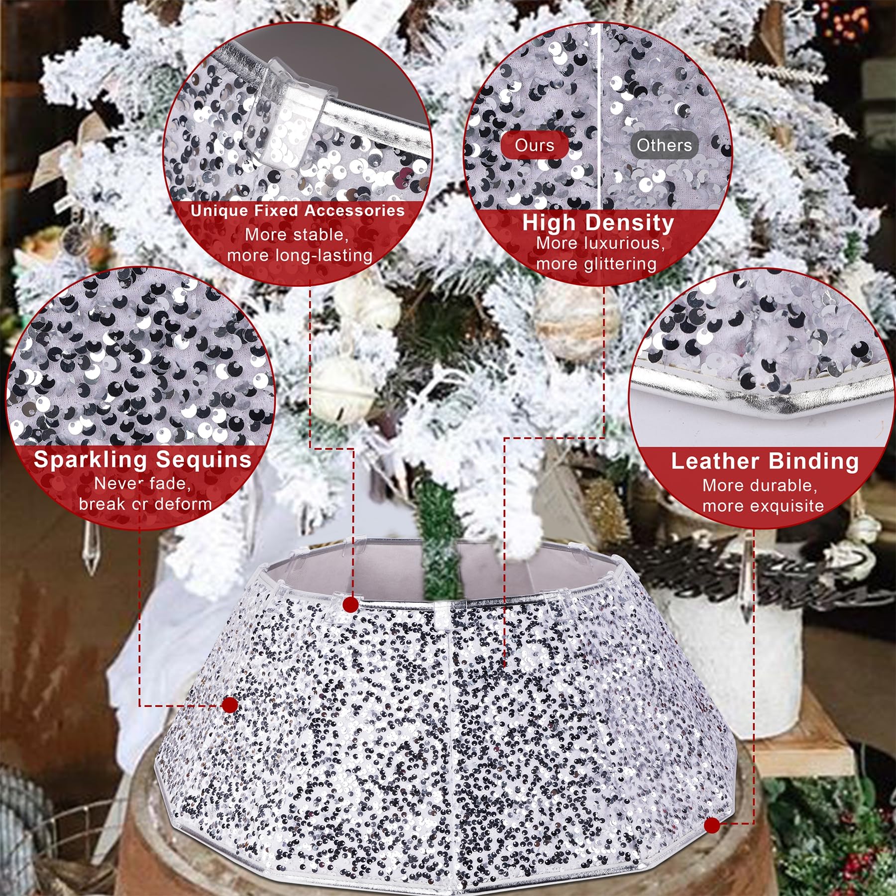 Blissun Christmas Tree Collar, Sequin Christmas Tree Skirt, Folable Christmas Tree Ring, Xmas Tree Stand Base Cover for Christmas Tree Decoration (Silver, Round) - Medaid International