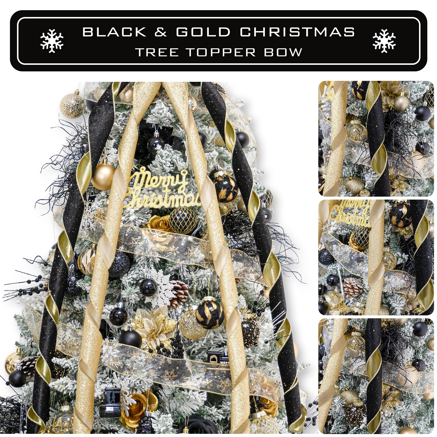 Hismir Christmas Tree Topper Bow, 53x13 Inches Large Christmas Bow with Glitter Streamer, Decorative Ribbon Bows for Xmas Tree Wreath Door Festival Home Decor(Black & Gold) - Medaid International