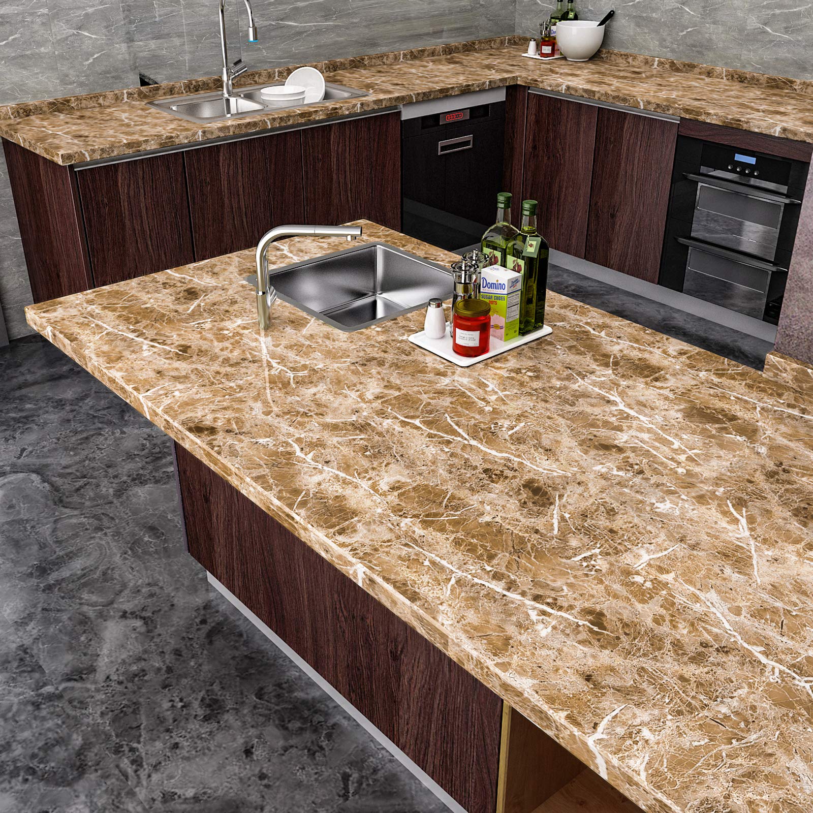 VEELIKE Faux Marble Counter Top Covers Peel and Stick Wallpaper Granite Contact Paper Decorative Kitchen Wall Paper Brown Waterproof Self Adhesive Removable Wallpaper for Cabinet Locker 15.7inx354in - Medaid International