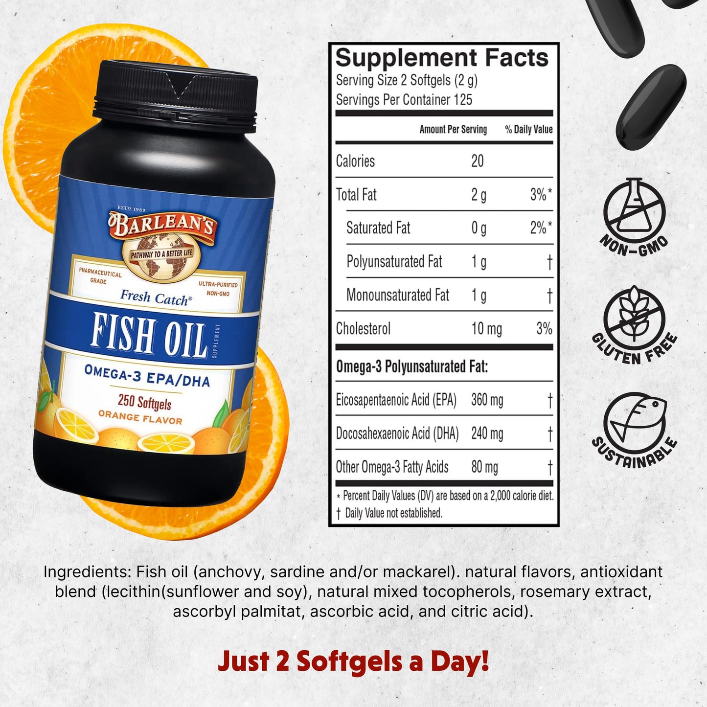 Barlean's Omega 3 Fish Oil Supplements, 600mg Fish Oil Pills with EPA & DHA, Softgels for Joint, Brain, & Heart Health, Orange Flavored, 250 Count - Medaid International