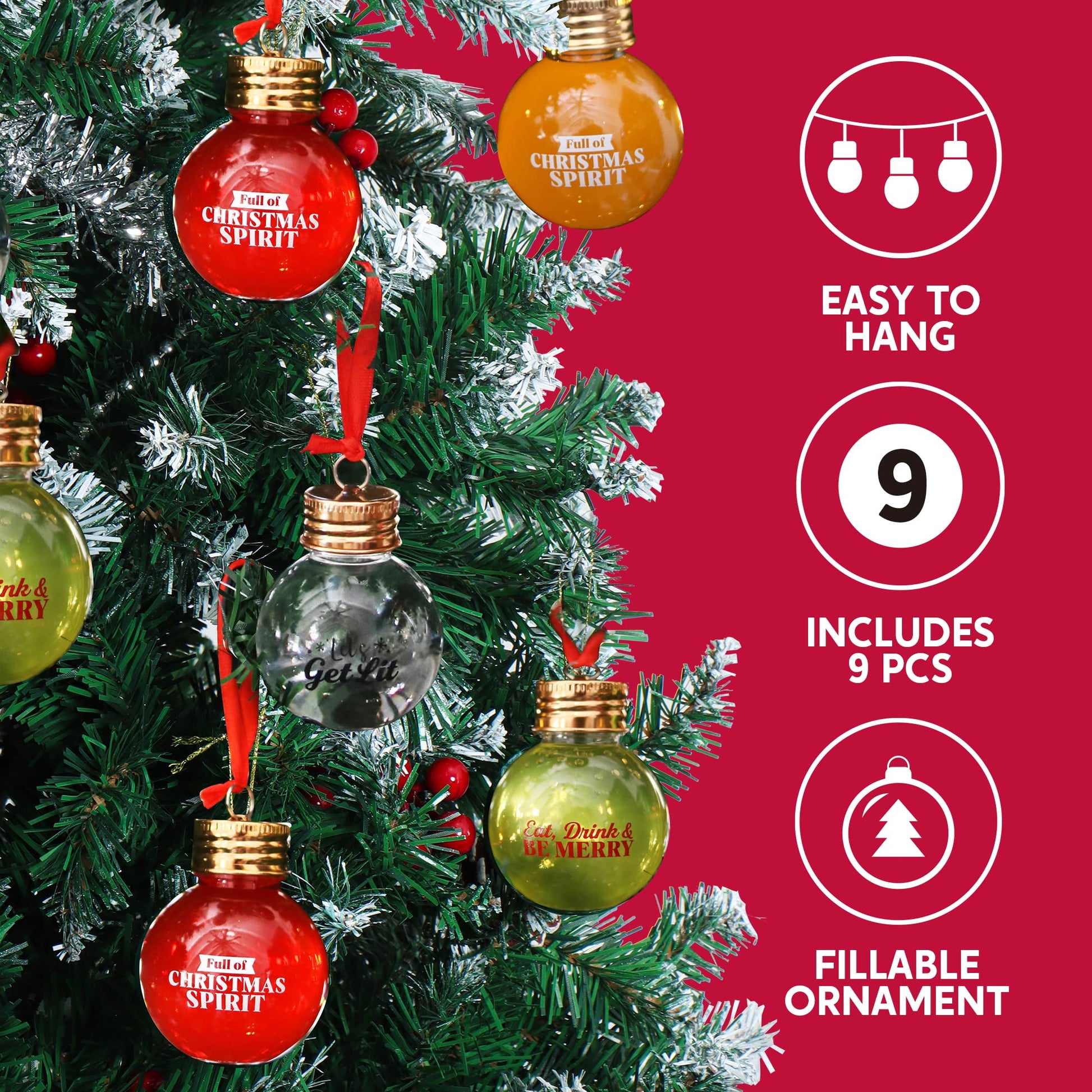 Joiedomi 9 Pcs Christmas Boozeball Ornaments Set, Xmas 1.7 oz Clear Fillable Ball, Tree Hanging Decorations for Christmas Holiday Indoor and Outdoor Decorations - Medaid International